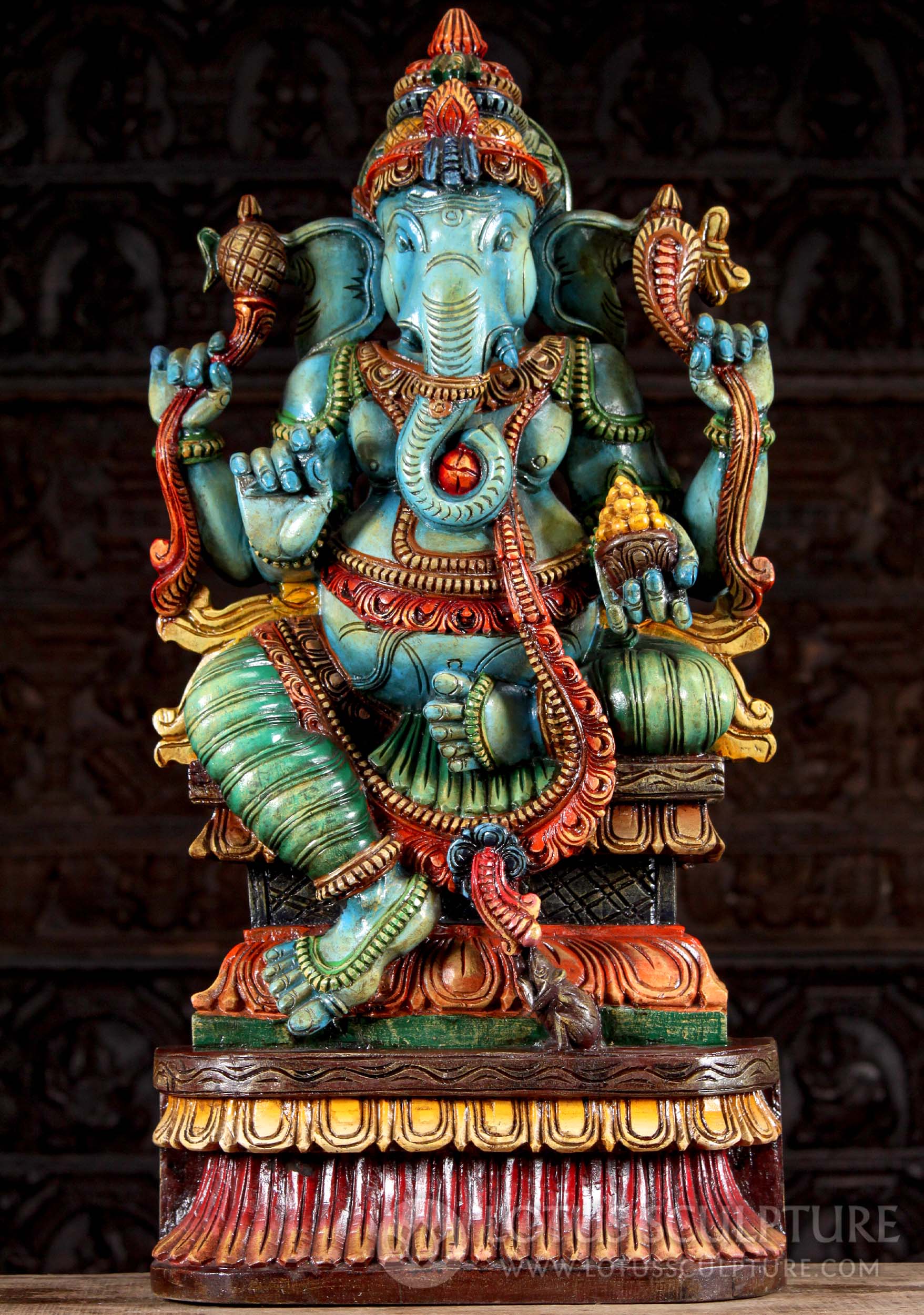 Wood Painted Hindu Remover of Obstacles Ganesh on Base Perfect for Home Altar 36"