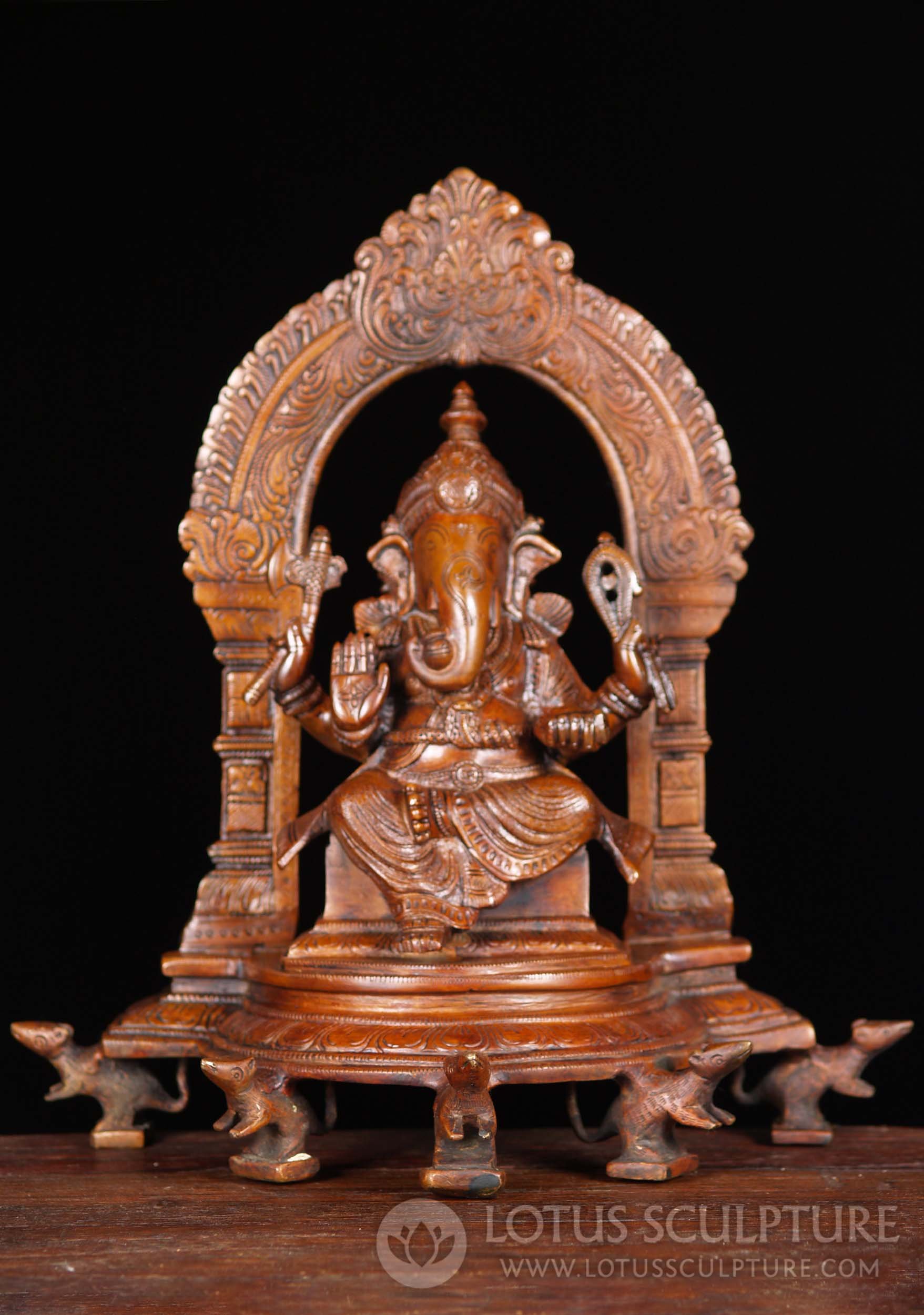 Brass Ganesh in Abhaya Mudra Seated on Throne Under Large Arch Surrounded by 5 Rats 11"