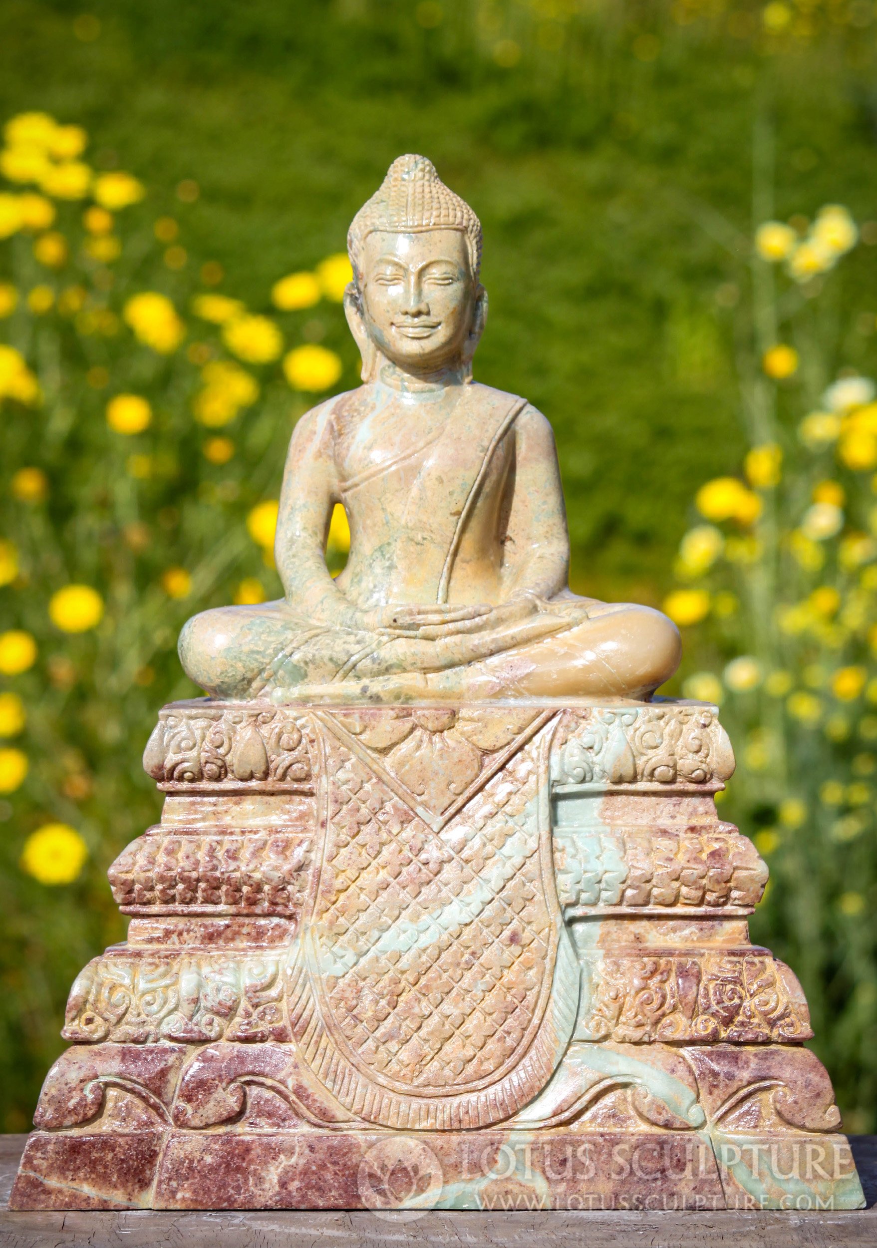 Cambodian Green Marble Meditating Half Lotus Smiling Buddha on Tall Throne Sculpture 18"