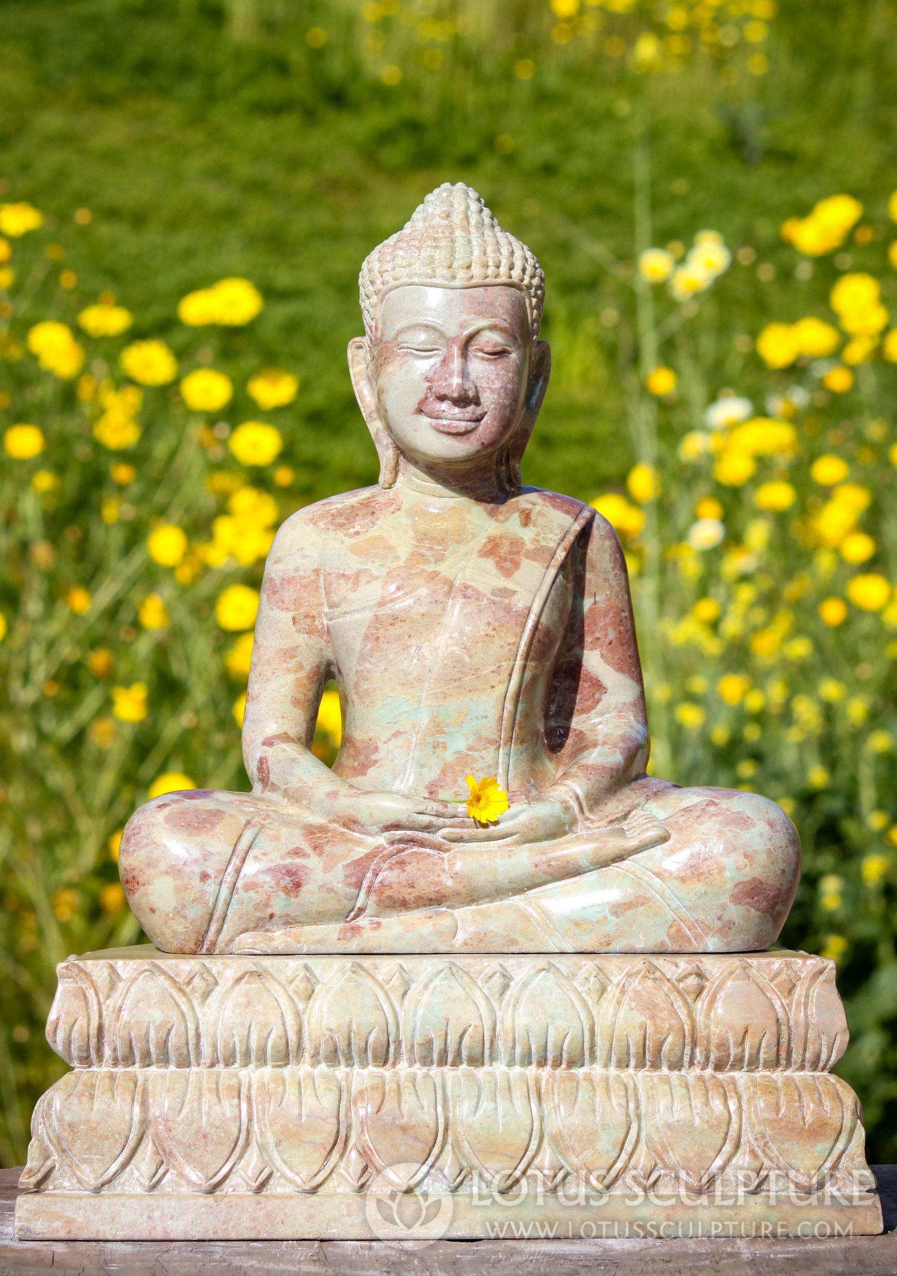 Peaceful Cambodian Green Marble Meditating Dhyana Buddha on Lotus Base Sculpture 19"