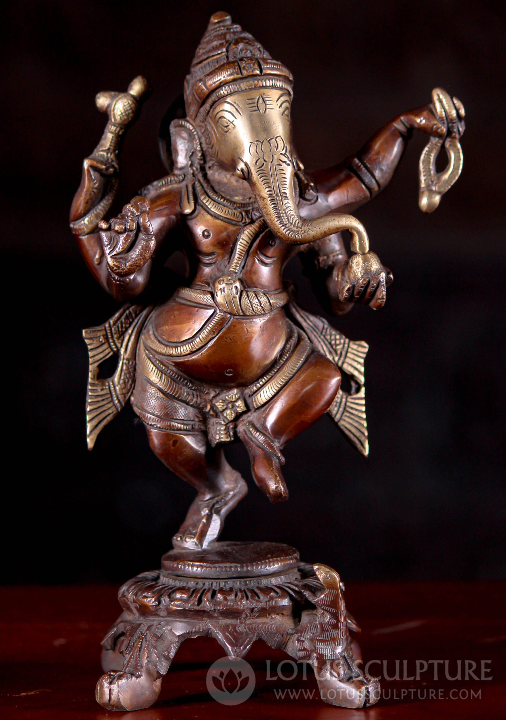 Small Brass Ganesh Dancing in Playful Pose with Vahana Mooshika By His Side 7.5"