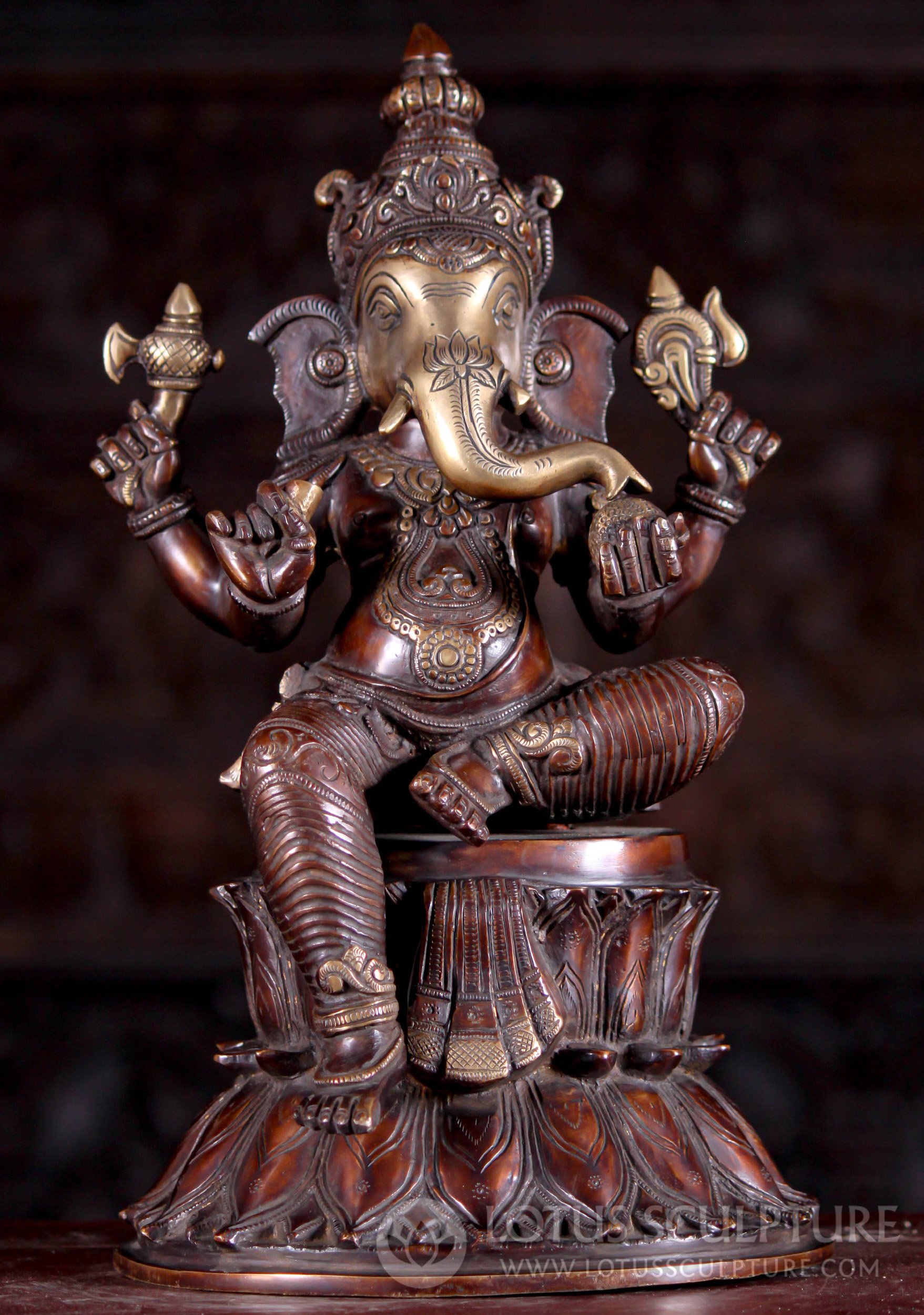 Gold Copper Brass Seated Ganesha with Sweets and Tusk on  Tall Double Lotus Base 16"