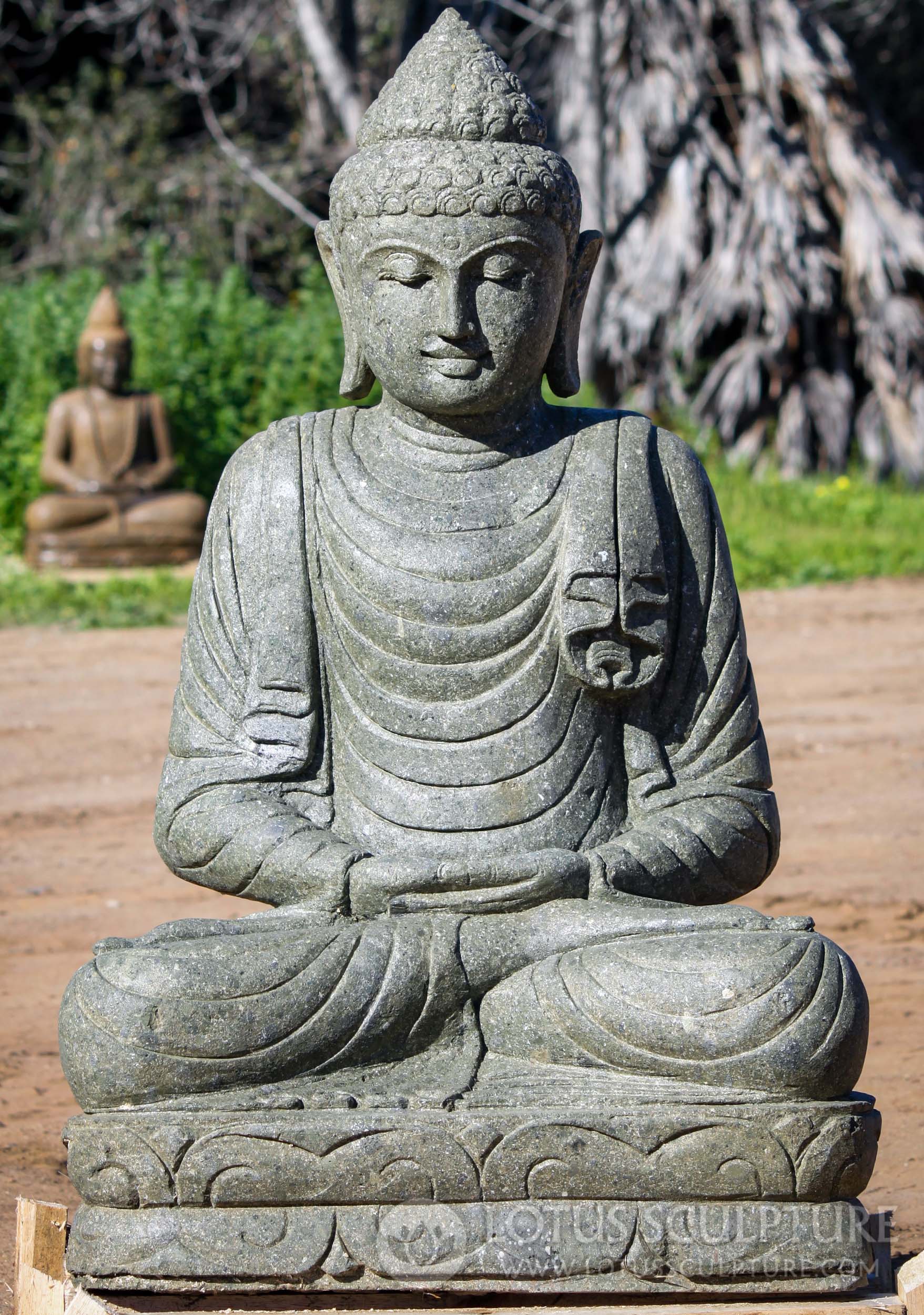 SOLD Lava Stone Meditating Buddha Statue in Robes Garden Sculpture for ...