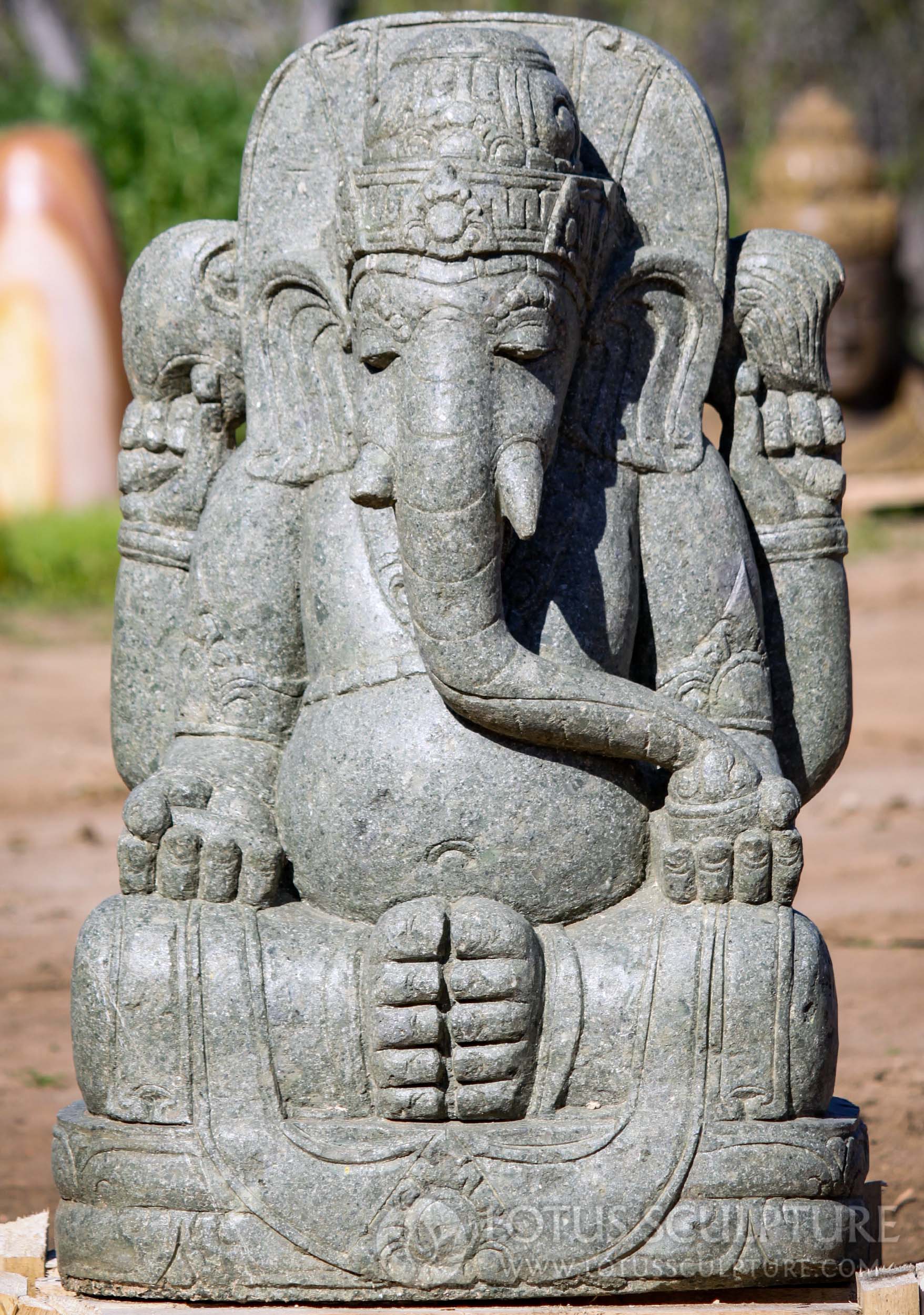 Hand Carved Stone Seated Ganesh With Mahakala on Back Garden Statue 31"