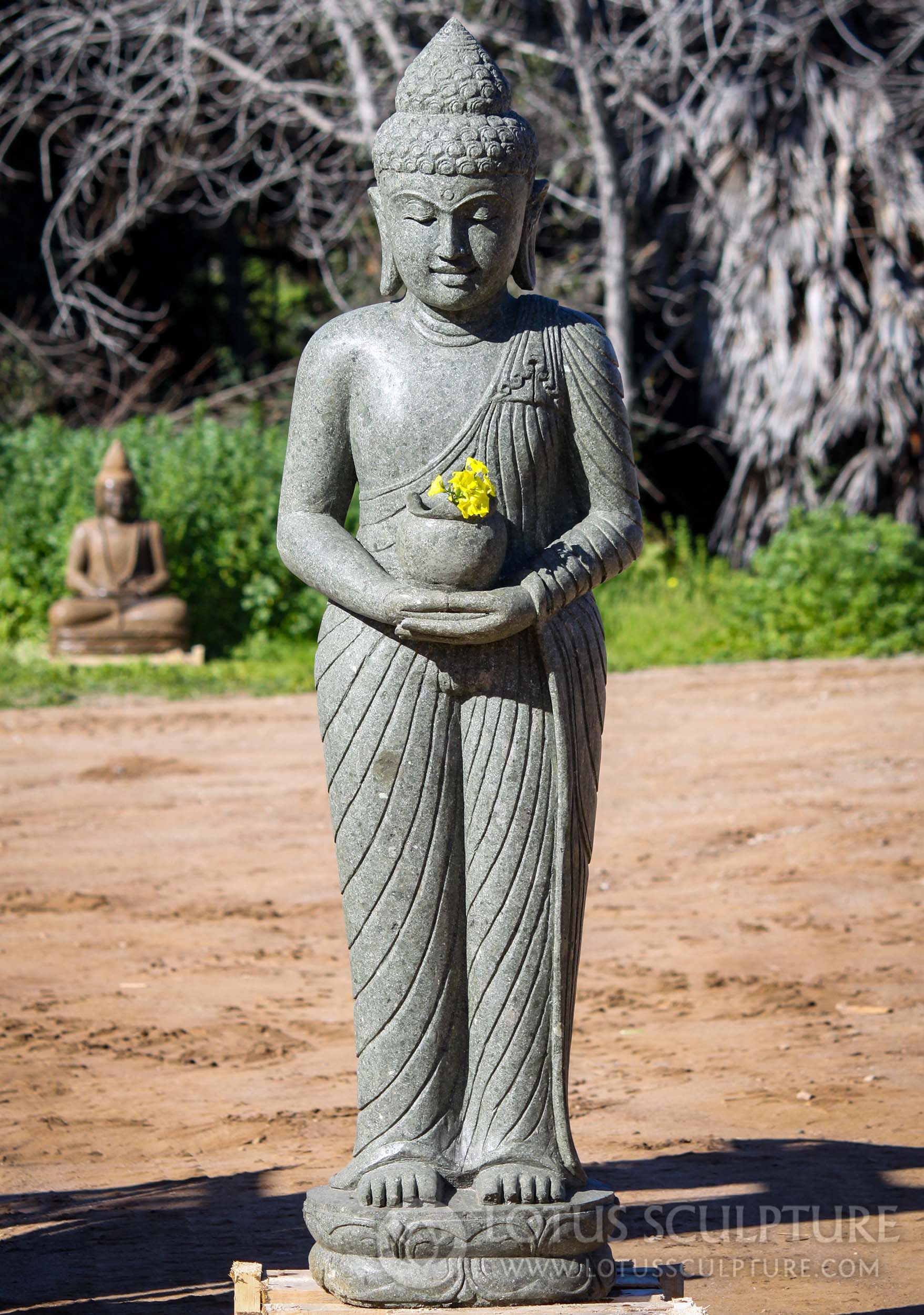 Hand Carved Lava Stone Standing Garden Buddha Sculpture Holding Alms Bowl 60"