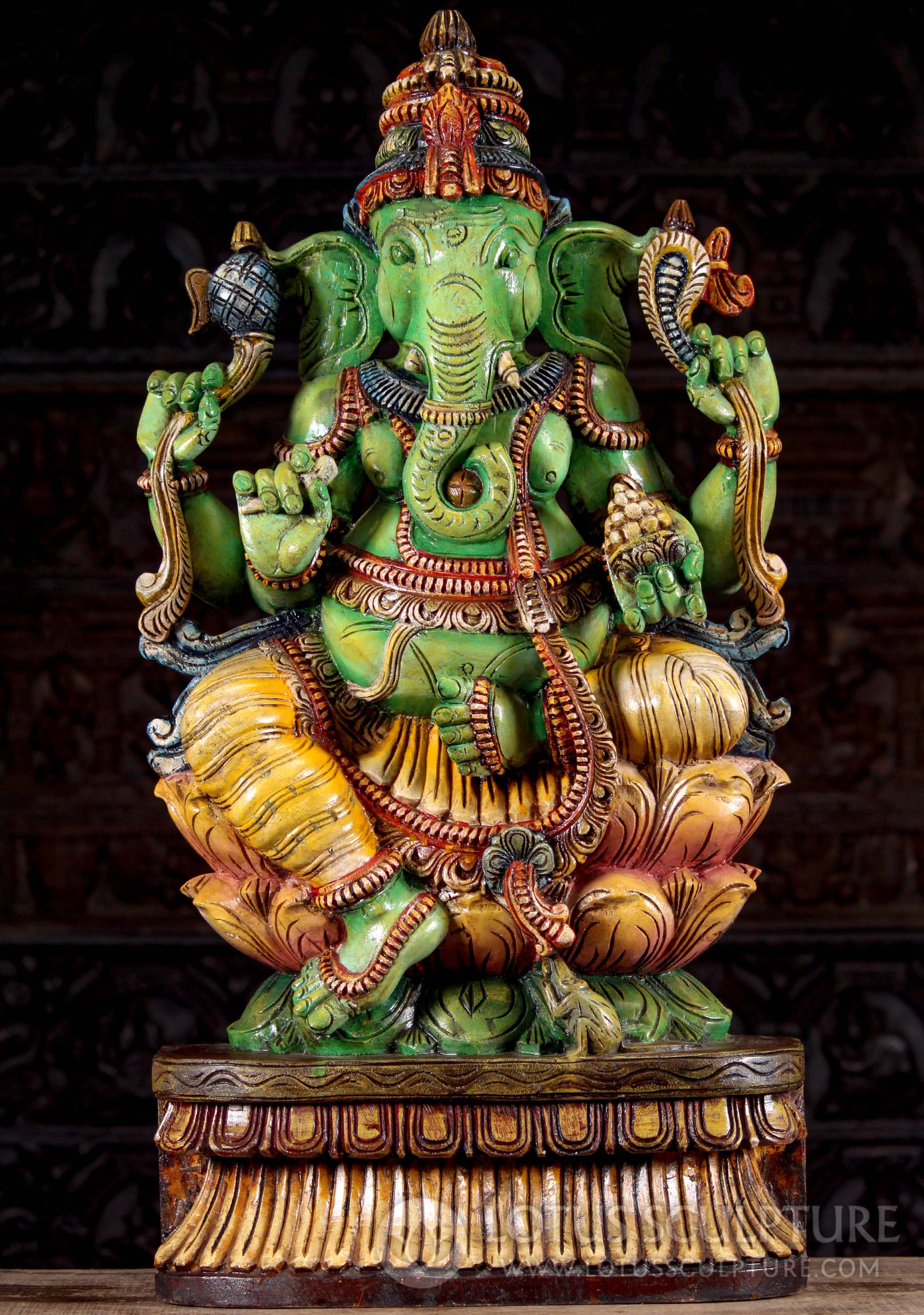 Wood Painted Hindu God Ganesha Seated on Triple Lotus Base with Mooshika Sculpture 36"