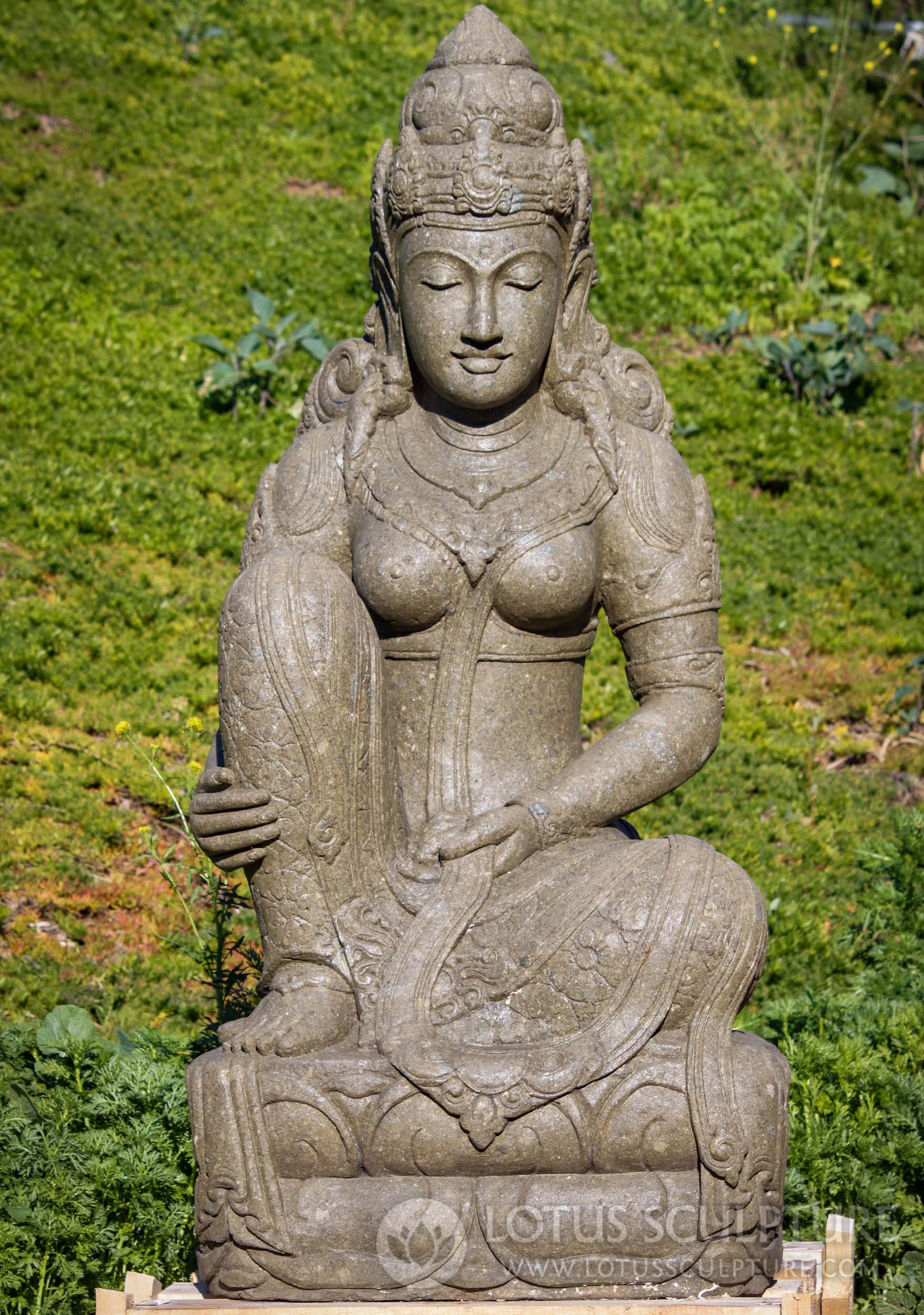 Large Stone Seated Devi Garden Sculpture Wearing Intricate Crown & Jewels 62"