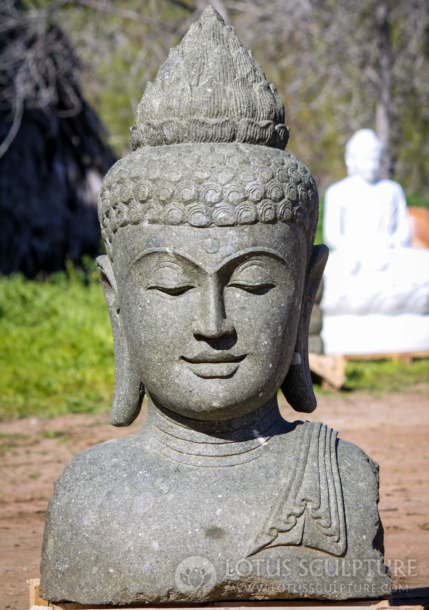 Green Lava Stone Buddha Bust Garden Sculpture Hand Carved in Java, Indonesia 40"