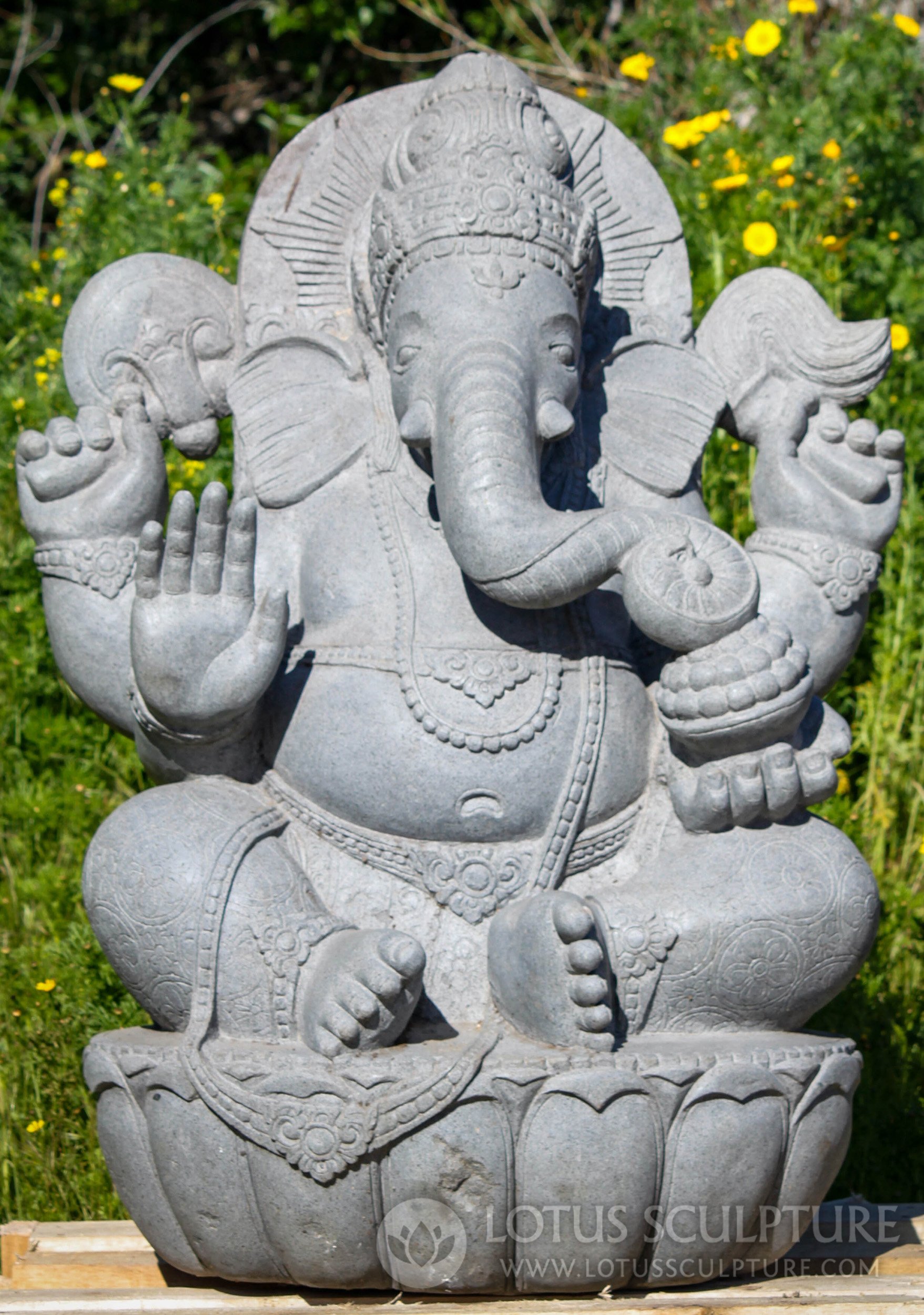 Large Hand Carved Natural Lava Stone Seated Ganesh Sculpture Remover of Obstacles 47"