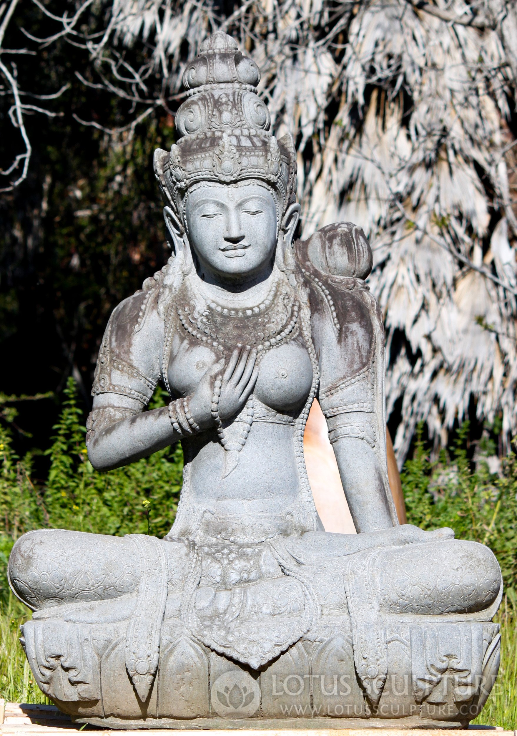 Beautiful Lava Stone Carving Devi Tara with Mala and Lotus Garden Sculpture 60"