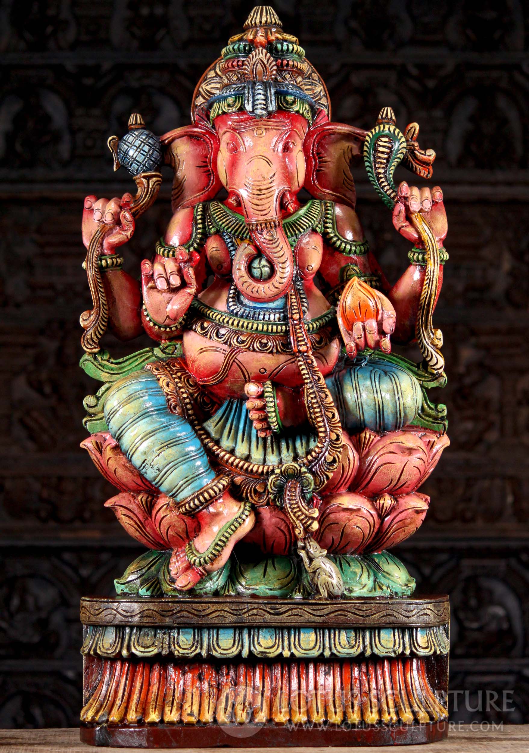 Hindu God Ganesha Wood Statue Seated on Triple Lotus Base with Mooshika 36"