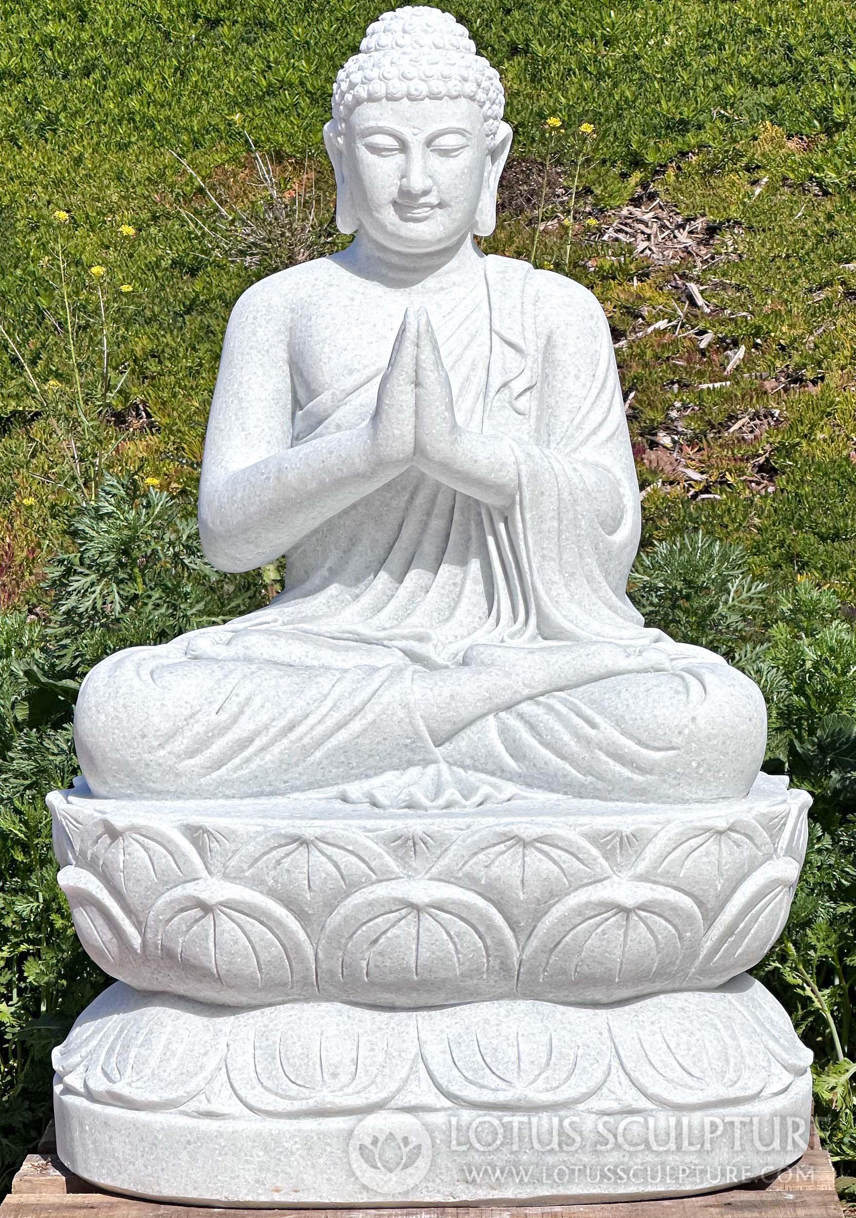 White Marble Namaste Anjali Buddha Statue on Lotus Base Perfect for the Garden 36"