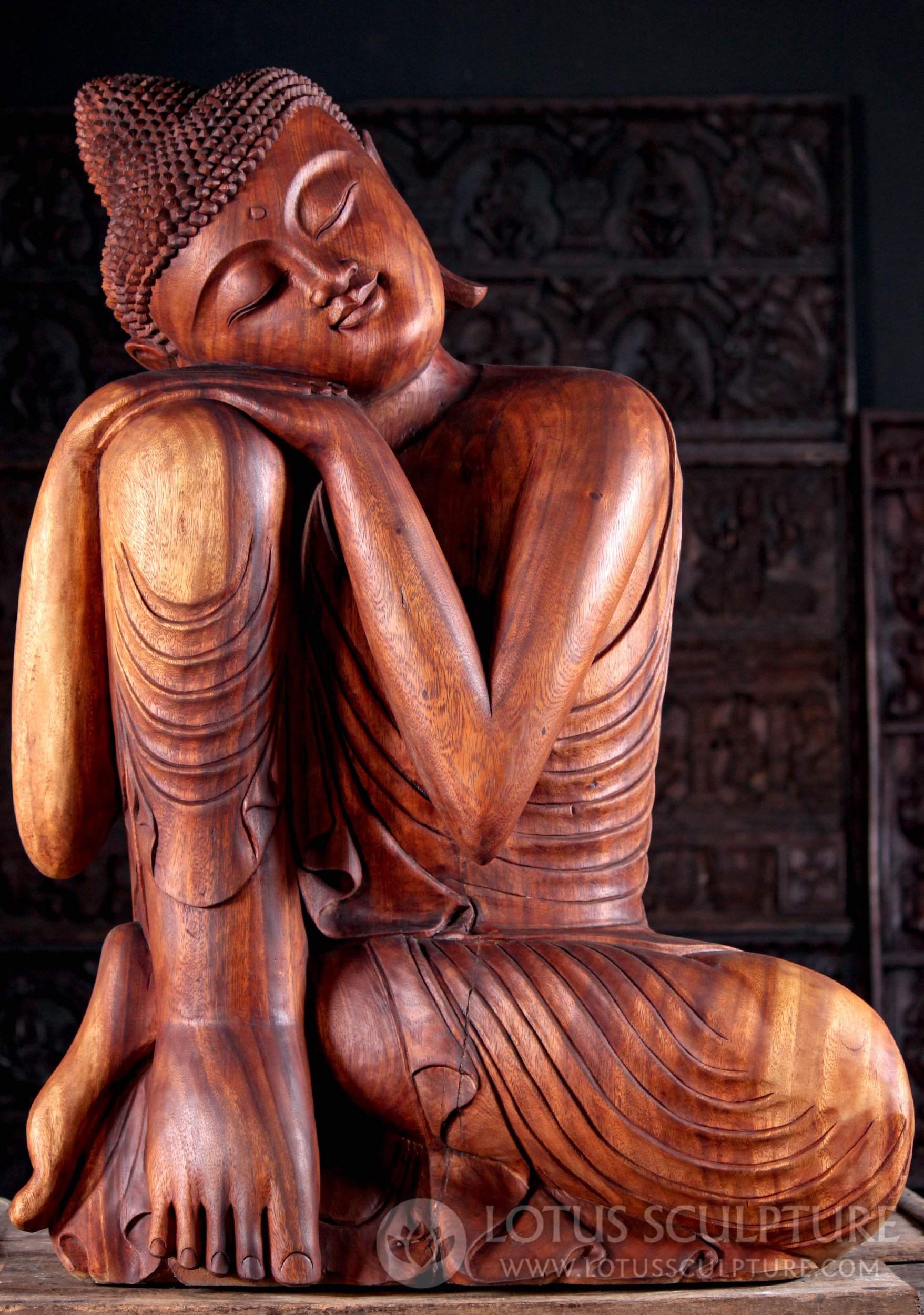 Suar Wood Hand Carved Dreaming Buddha Resting Head on Knee 40"