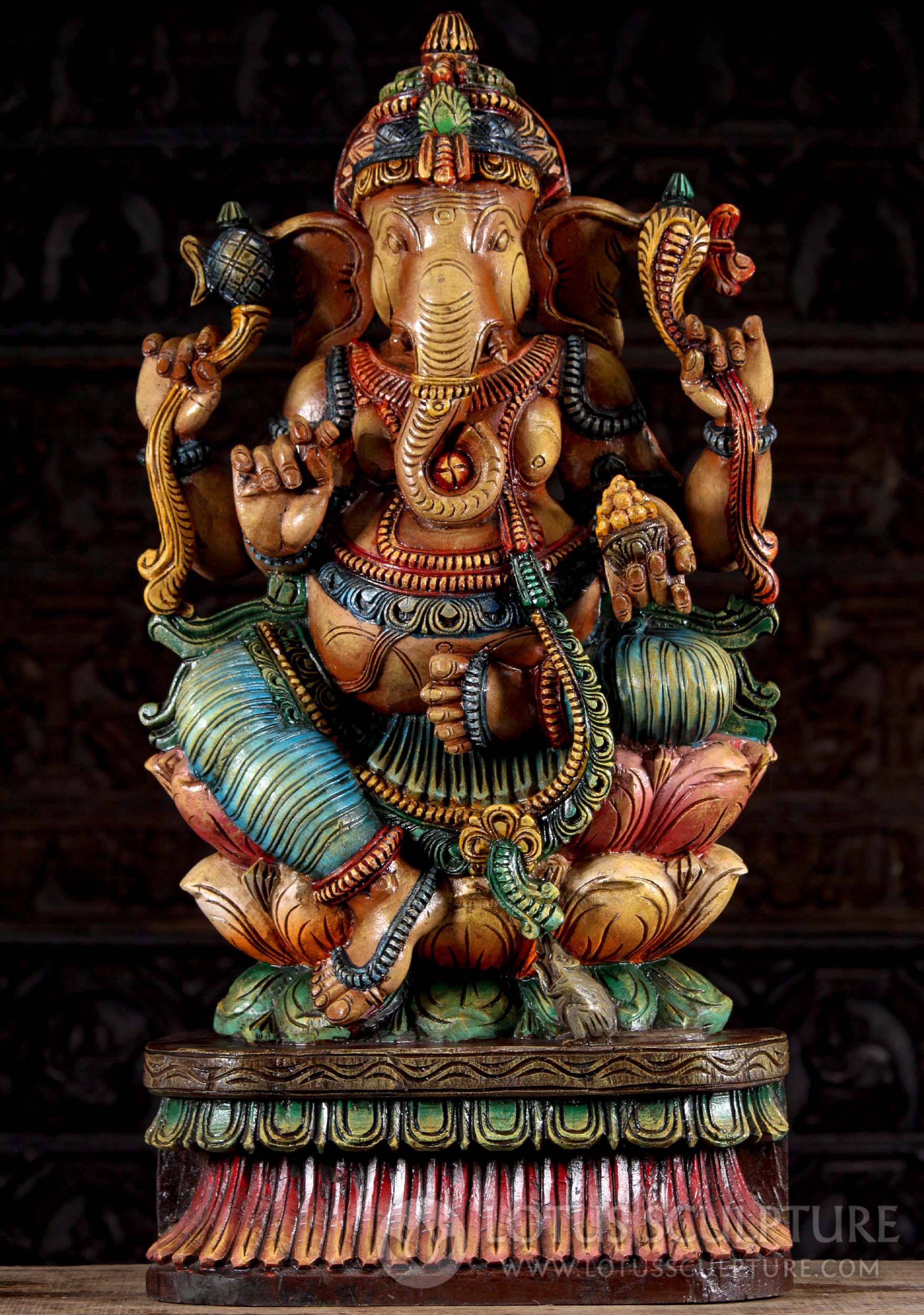 Wood Hindu God Ganesha Seated on Triple Lotus Base with Mooshika Sculpture 36"