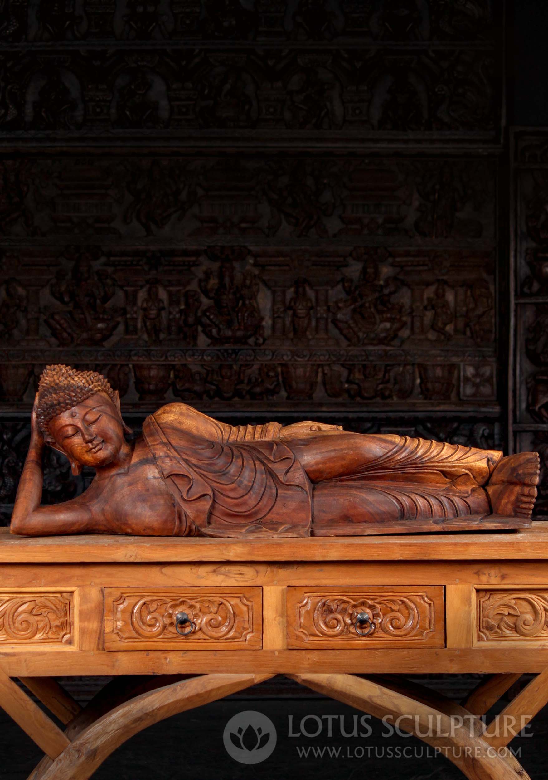 Serene Suar Wood Hand Carved Samsara Resting Laying Buddha Sculpture 41"