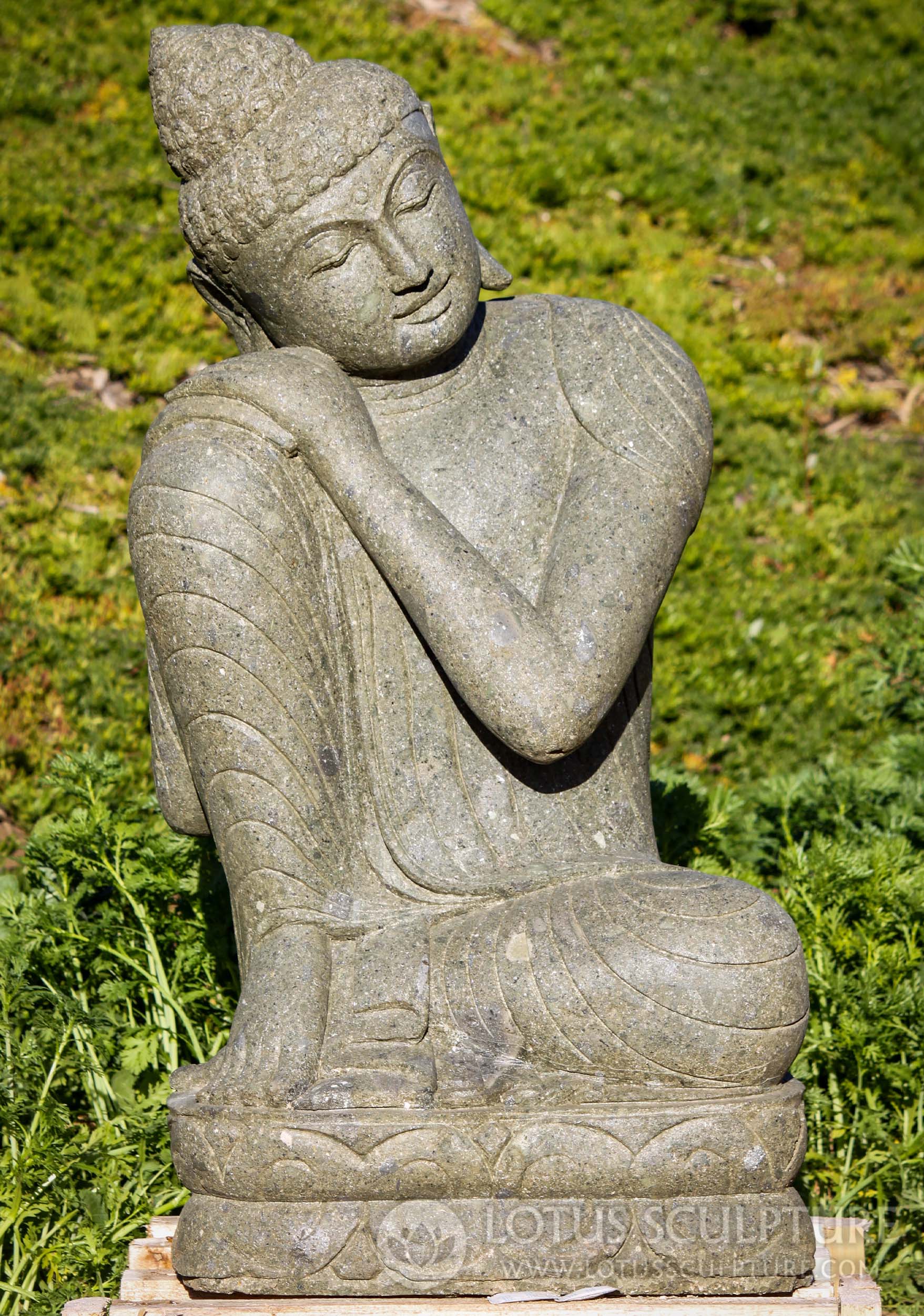 Sold Stone Buddha Resting In Full Robes Outdoor Statue For Garden On Lotus Base 40 155ls1086