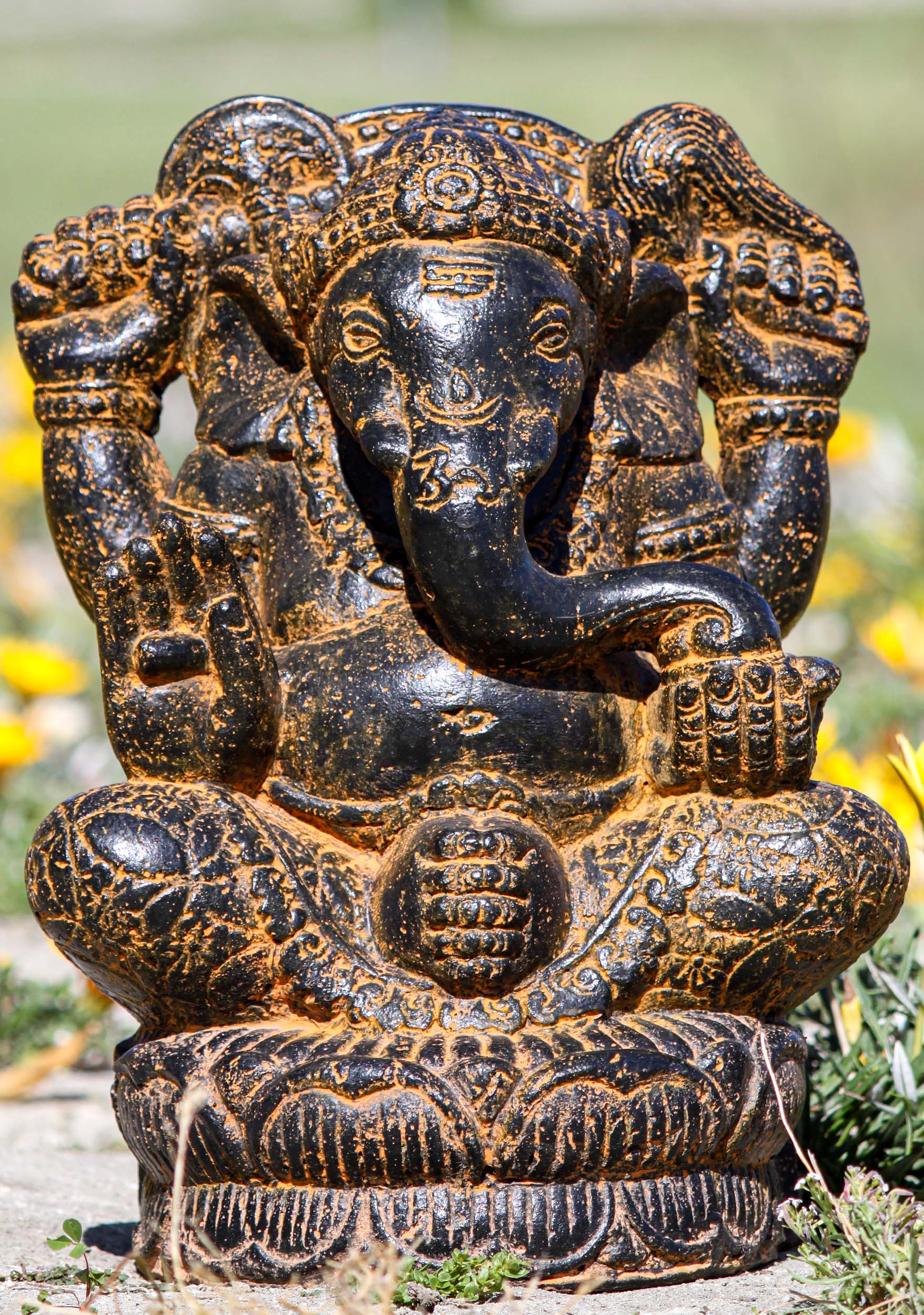 Affordable Abhaya Mudra Garden Ganesh Hindu Statue with OM Symbol on His Trunk 16"