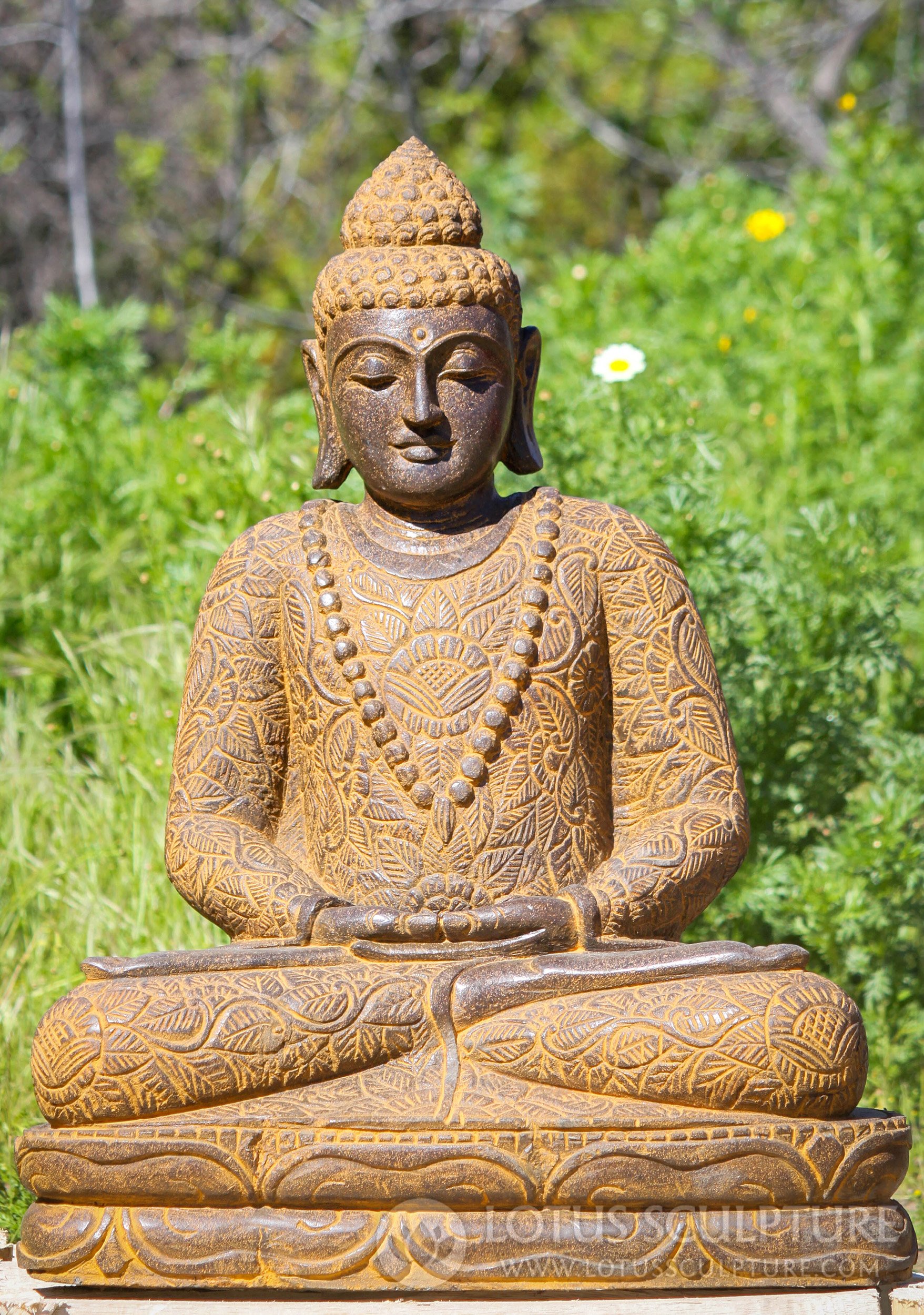 Saffron Seated Stone Meditating Garden Buddha Statue With Mala and Floral Robes 31"