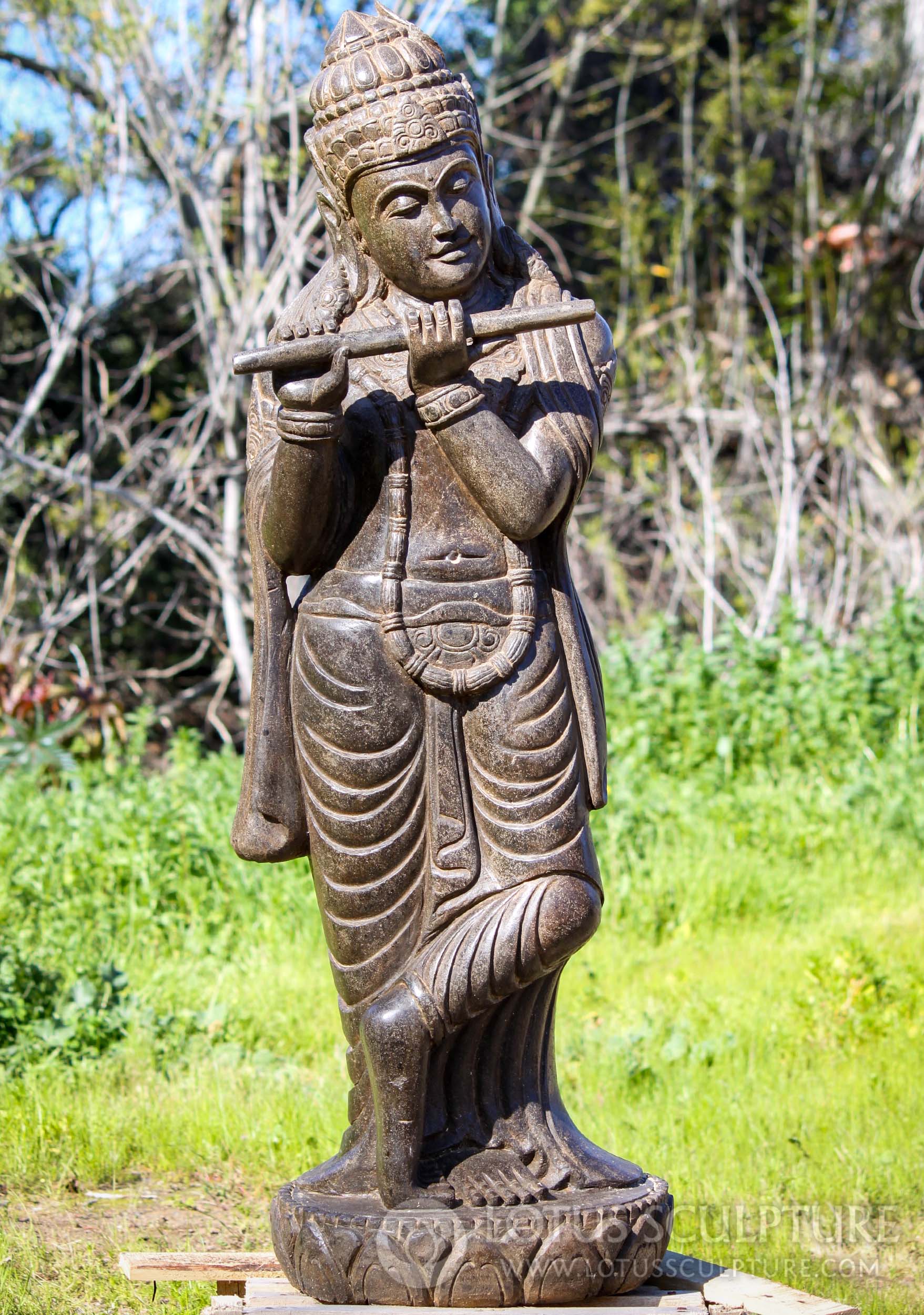 Stone Standing Gopal Krishna  Sculpture Playing the Flute Hand Carved in Java 48"