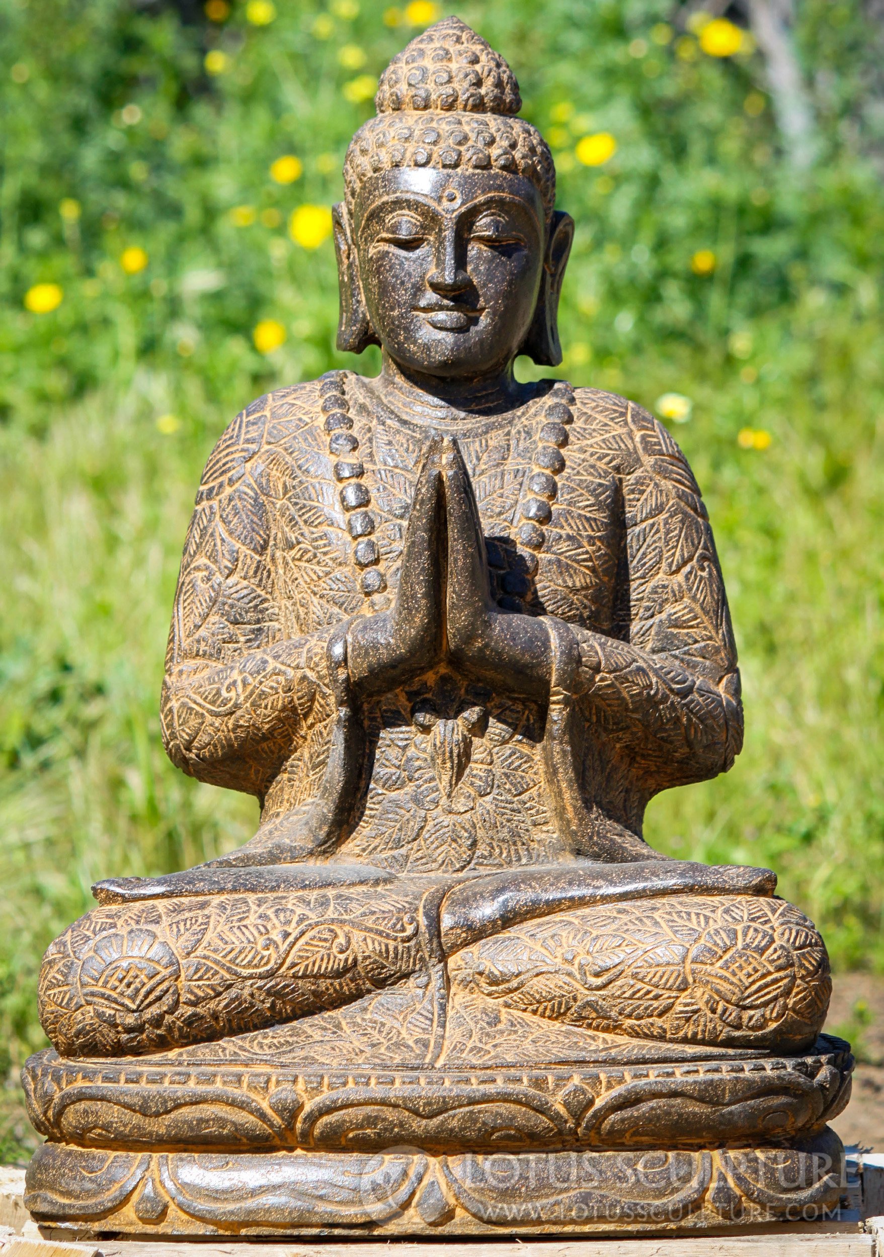 Hand Carved Lava Stone Anjali Namaste Mudra Full Lotus Garden Buddha Statue 26"