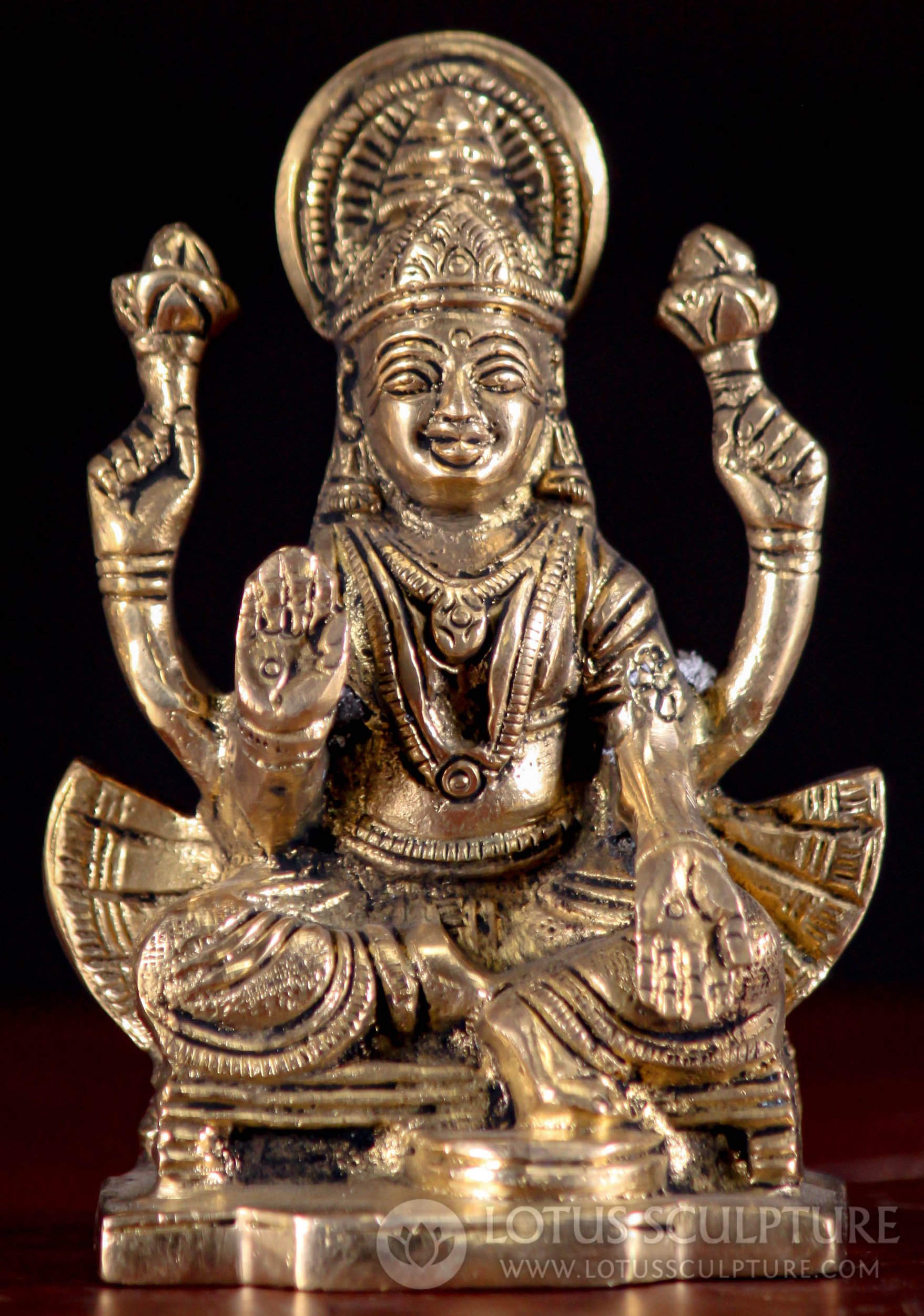 Small Polished Gold Brass Seated Hindu Goddess of Wealth Lakshmi Statue 4"