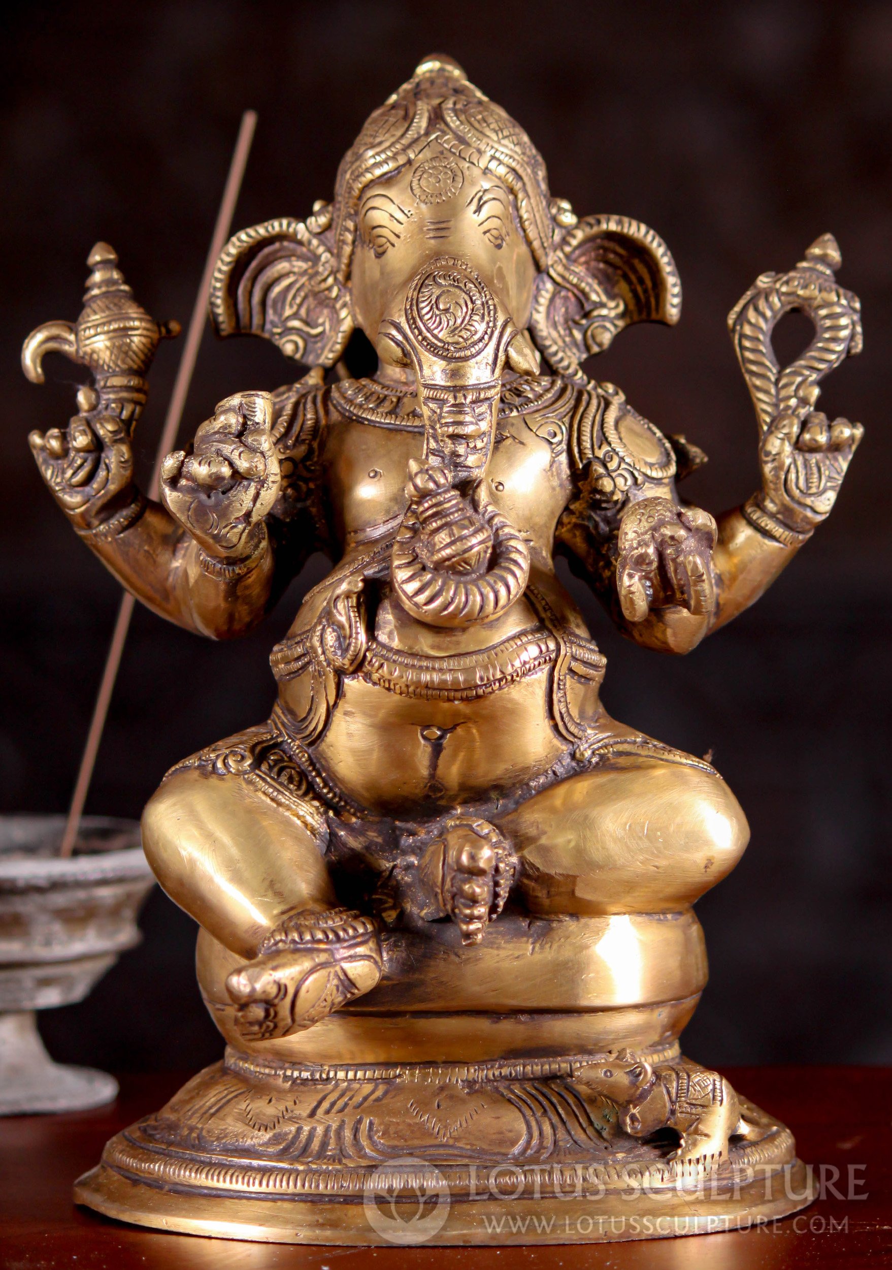 Brass Classic Pose of Ganesha Seated with Wearing Cobra Belt and His Vehicle Mooshika  9.5"