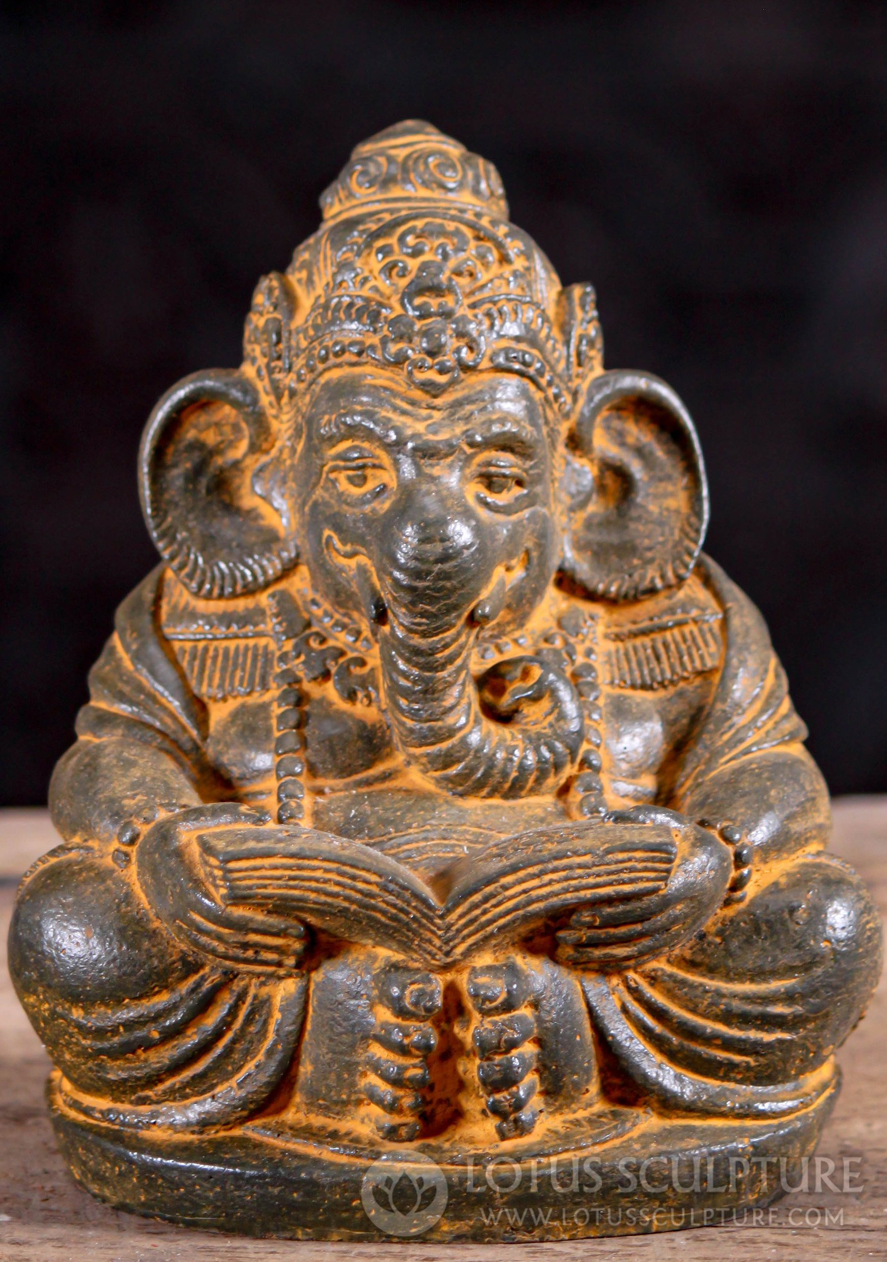 Adorable Small Seated Reading Ganesh Hindu God Garden Sculpture 7.5"