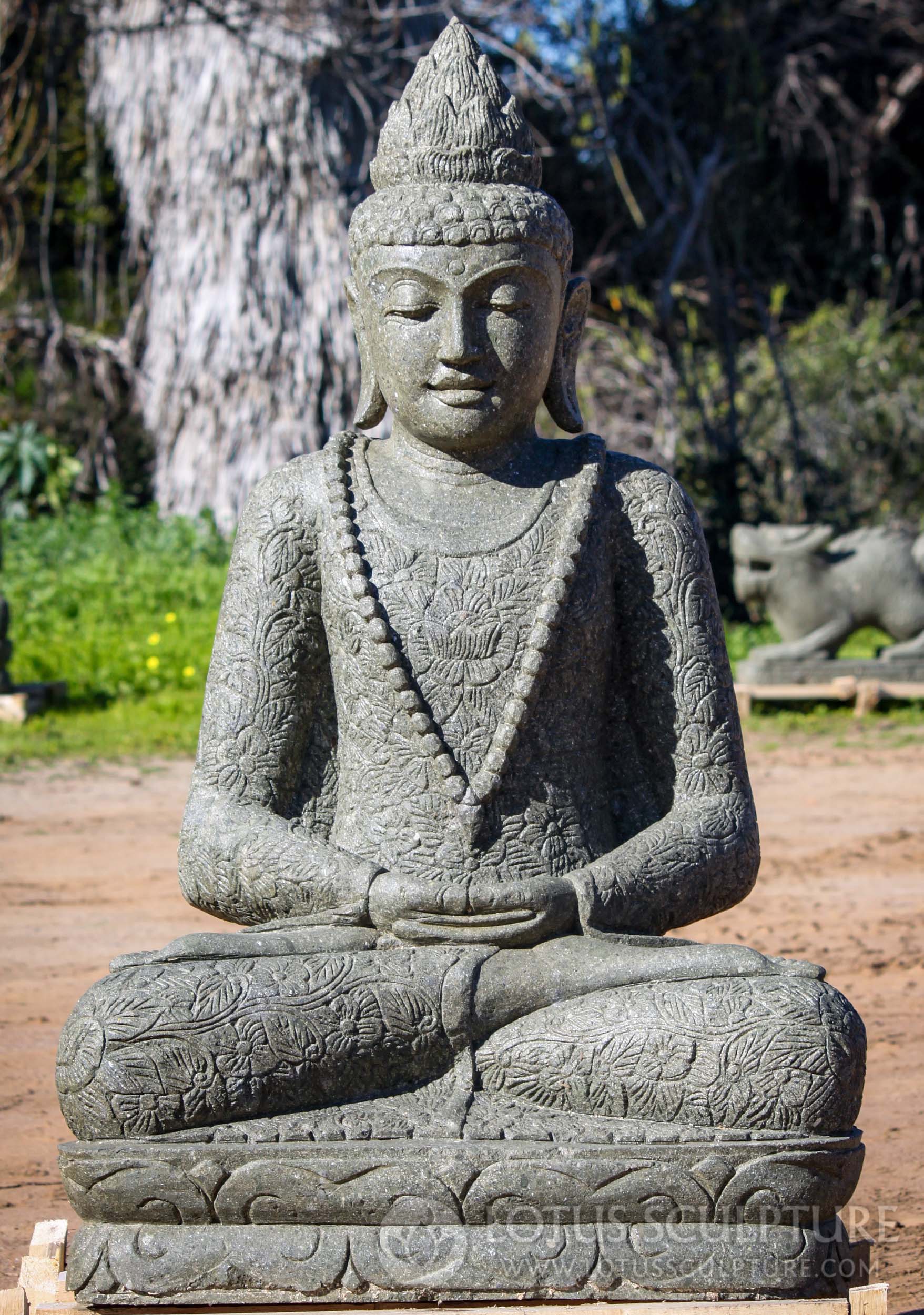 Stone Meditating Buddha Sculpture With Mala and Floral Robes 48"