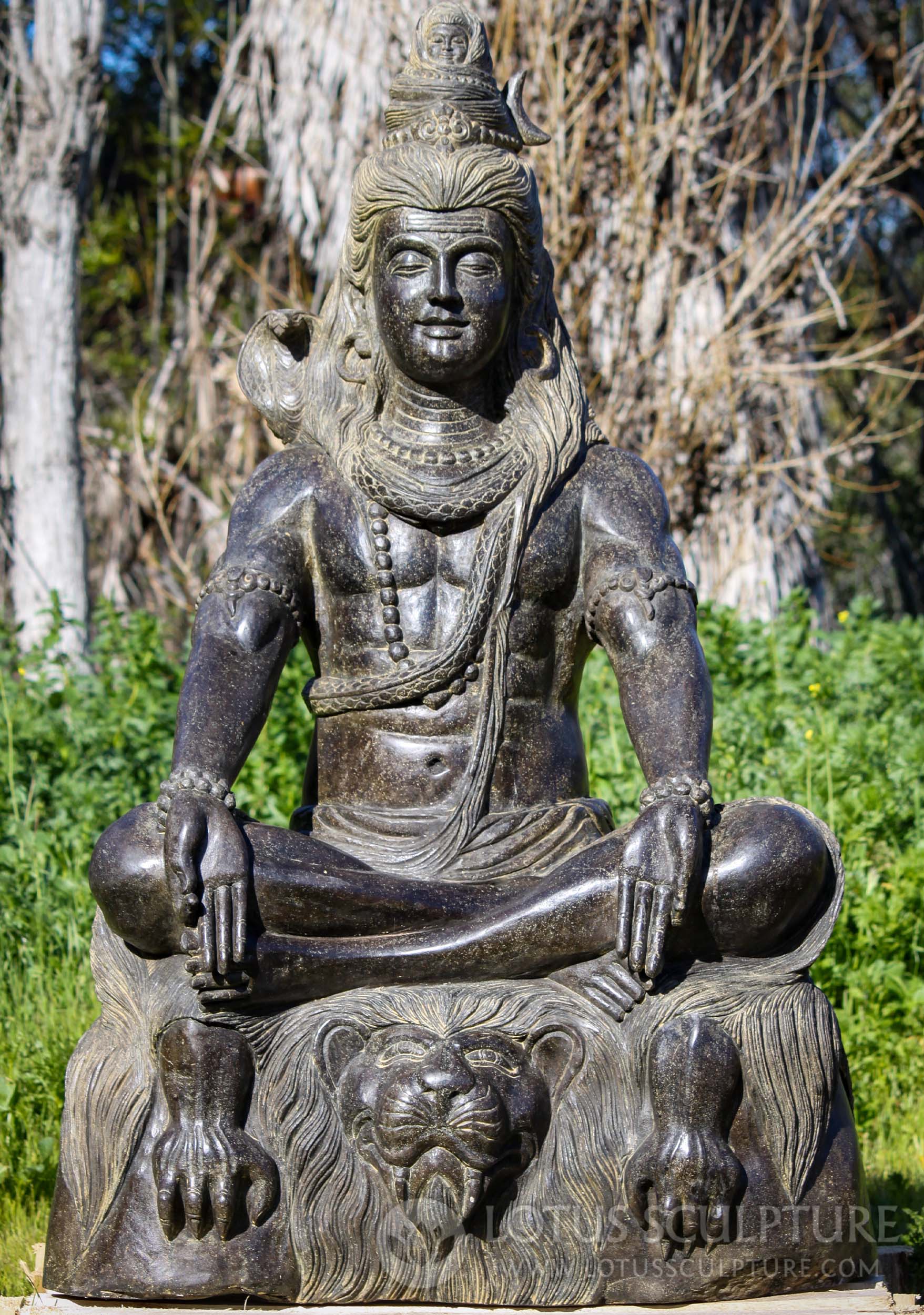 Large Hand Carved Stone Garden Shiva on Tiger Skin Holding Trident, Conch & Drum 61"