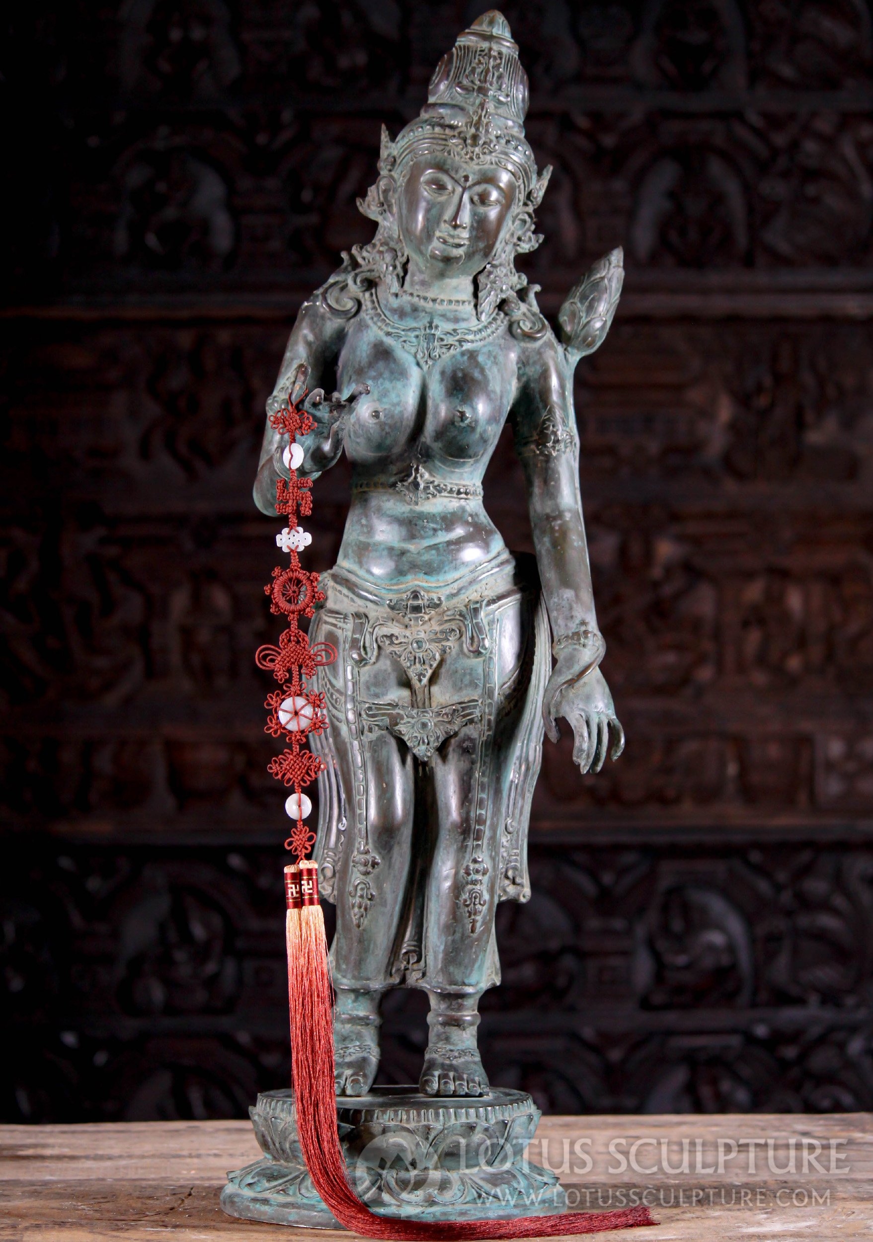 Tall Balinese Brass Antique Patina Standing Devi Statue on Lotus Base 35"