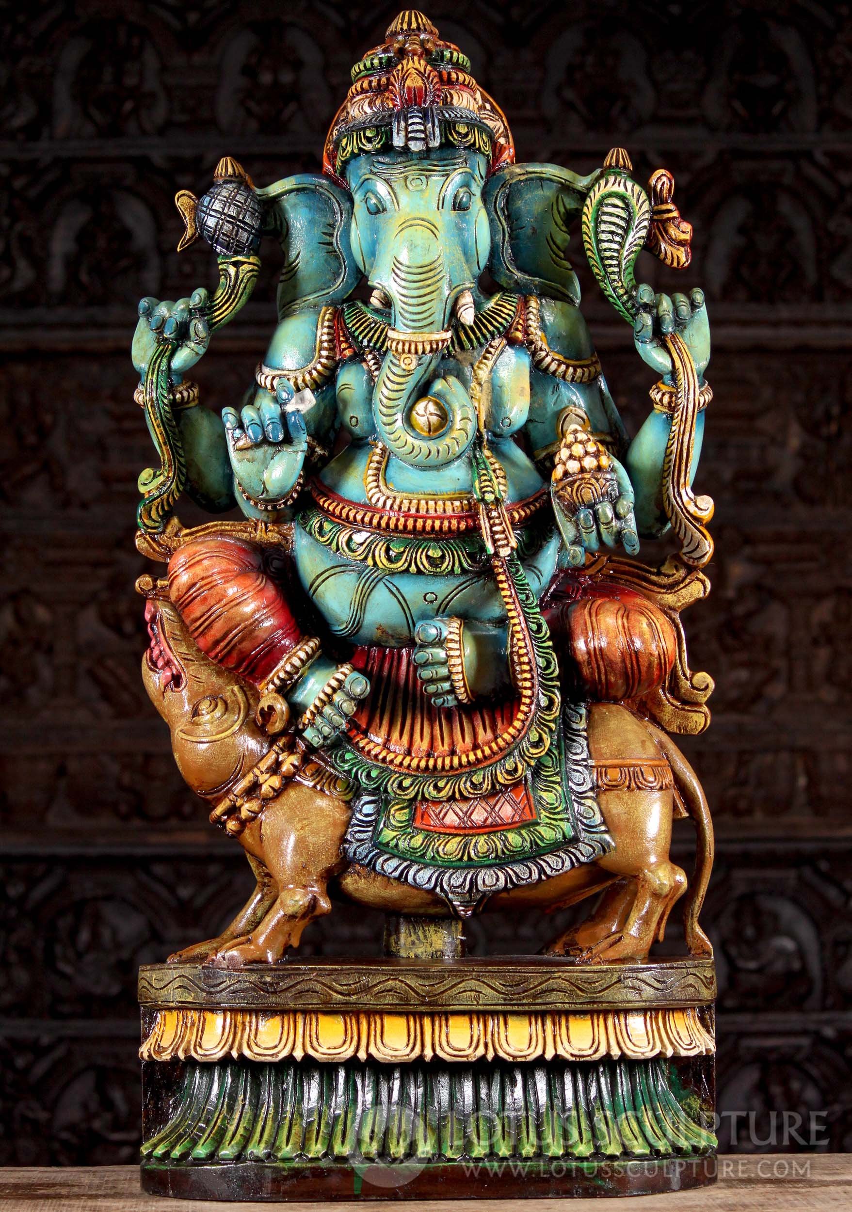 SOLD Handcrafted Painted Wooden Carving of Lord Ganesh on Vahana ...