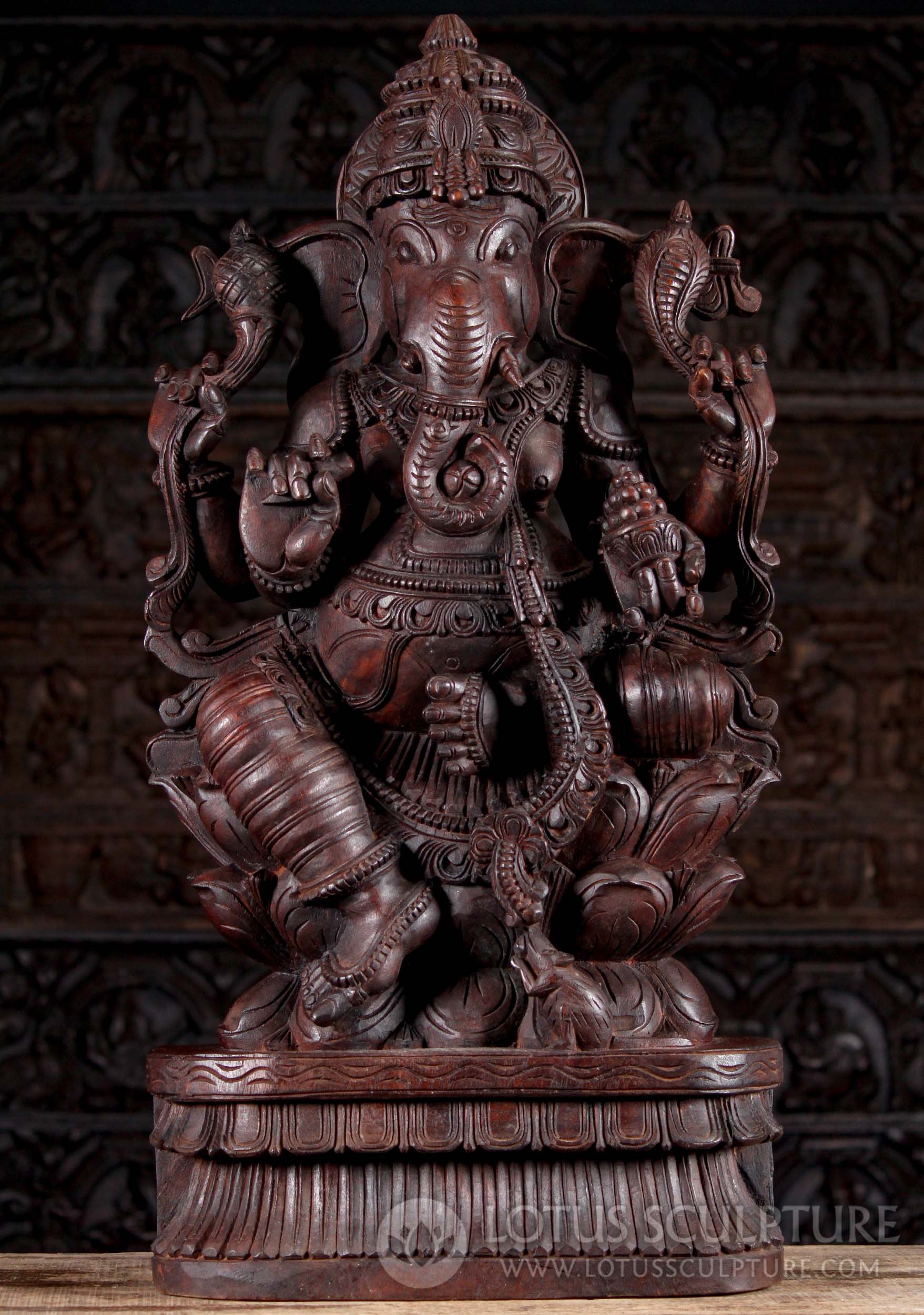 Wood Carved Hindu God Ganesha Seated on Triple Lotus Base with Mooshika Sculpture 36"