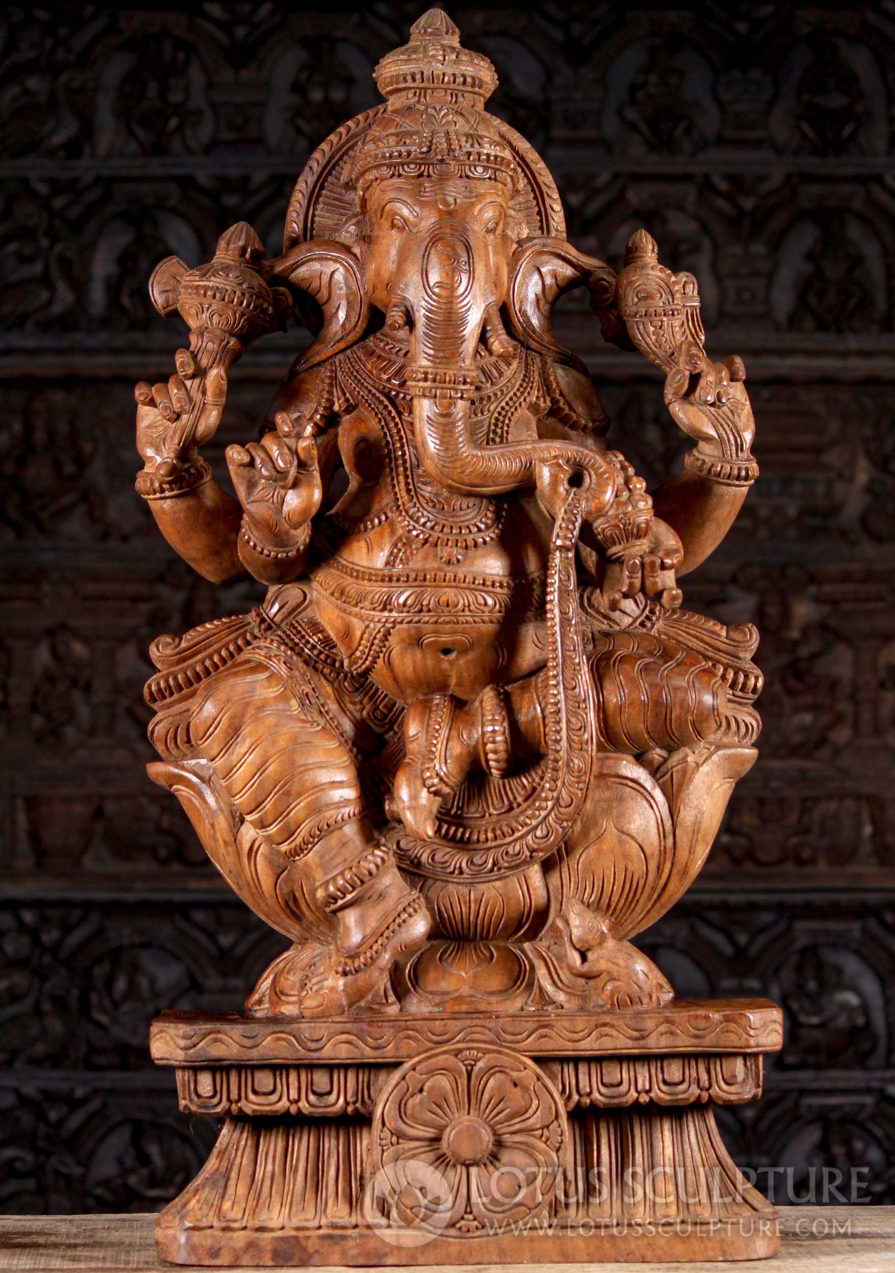 Hand Carved Light Wooden Hindu God Remover of Obstacles Ganesh Perfect for Home Altar 36"