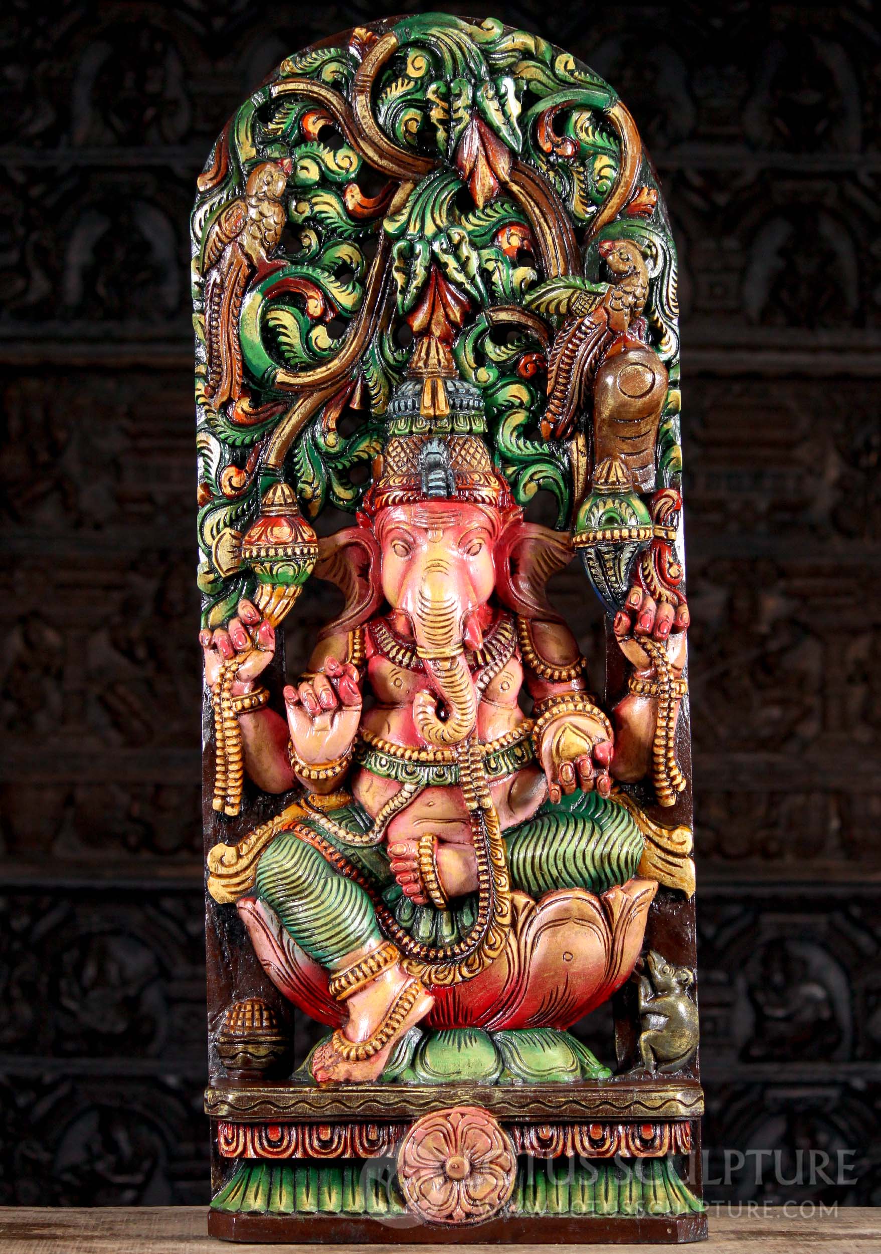 Wood Painted Seated Hindu God Ganesh Sculpture on Lotus Base Under Lush Canopy 36"