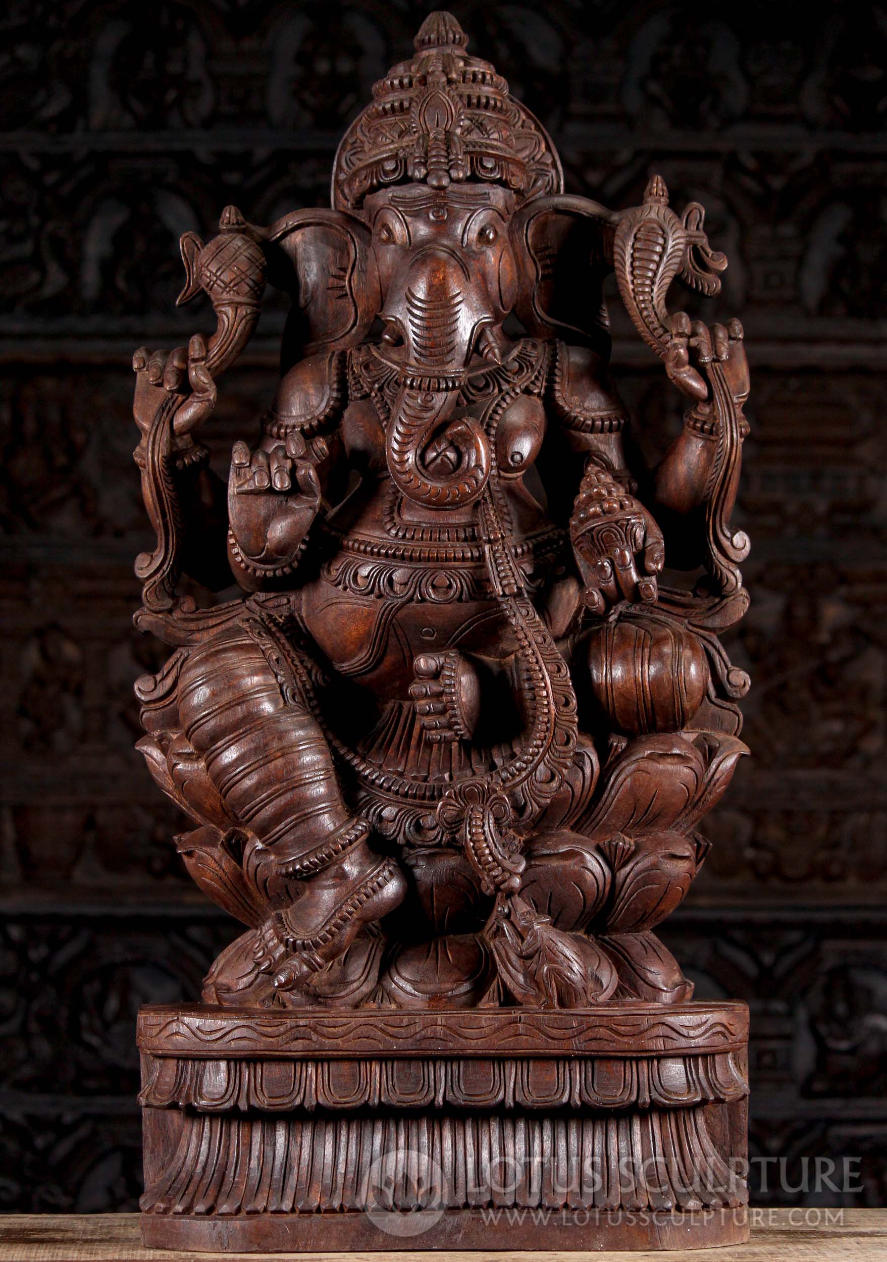 Wooden Hindu God Ganesha Seated on Triple Lotus Base with Mooshika Sculpture 36"