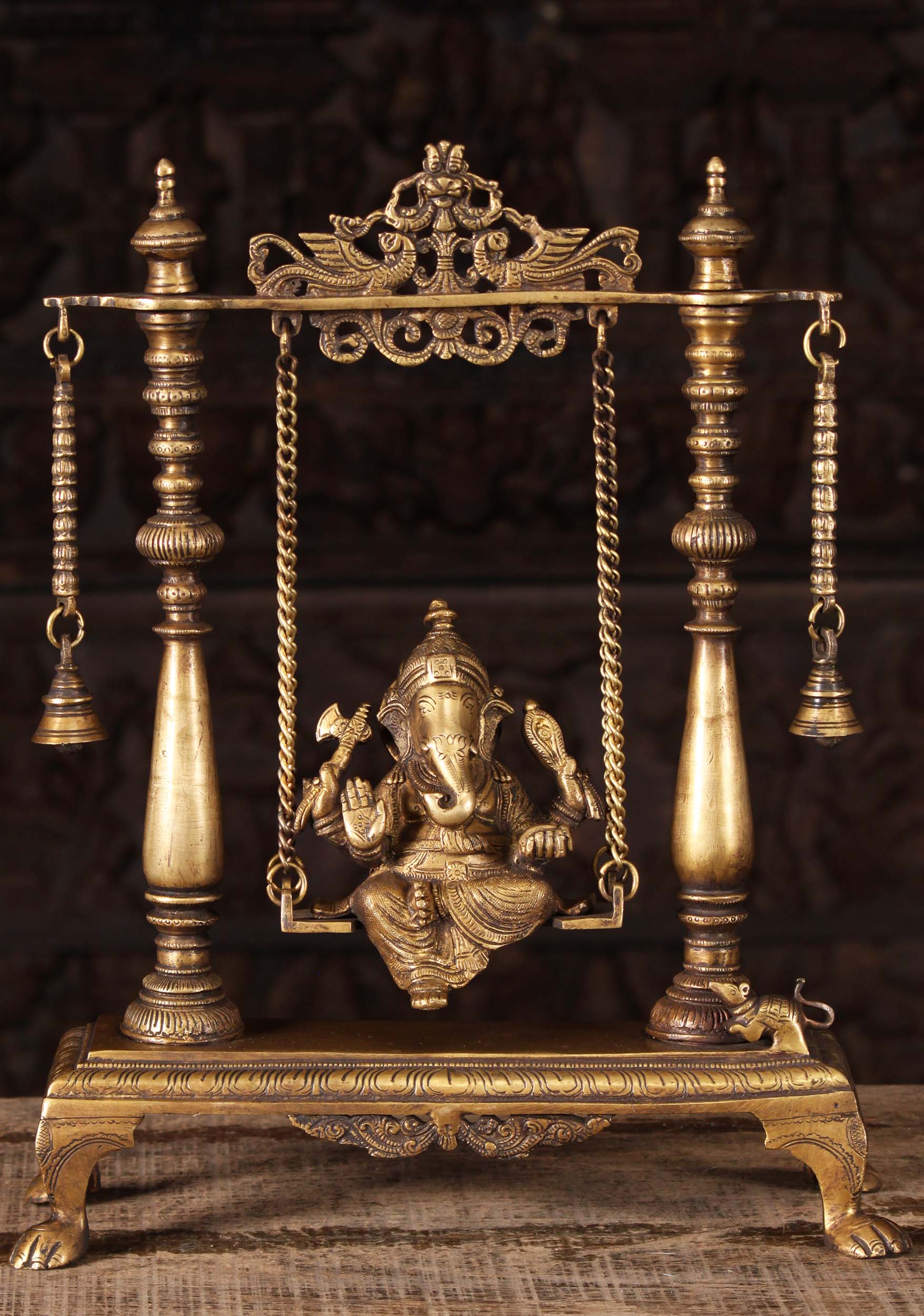 Brass Ganesha in Abhaya Mudra Relaxing on a Peacock Swing with 2 Bells & His Vehicle Rat 16"