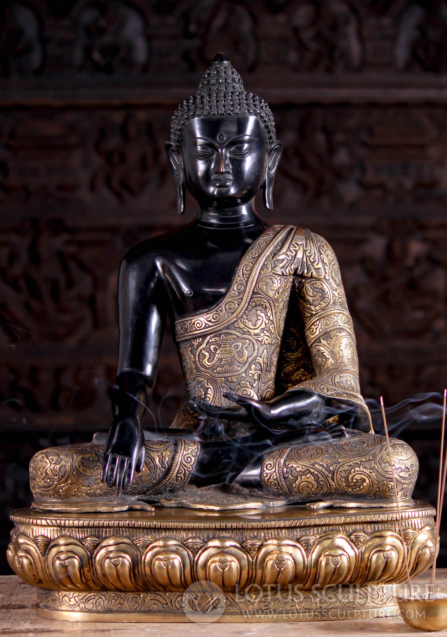 Black & Gold Earth Touching Medicine Buddha Seated in Padmasana on Lotus Base 22"