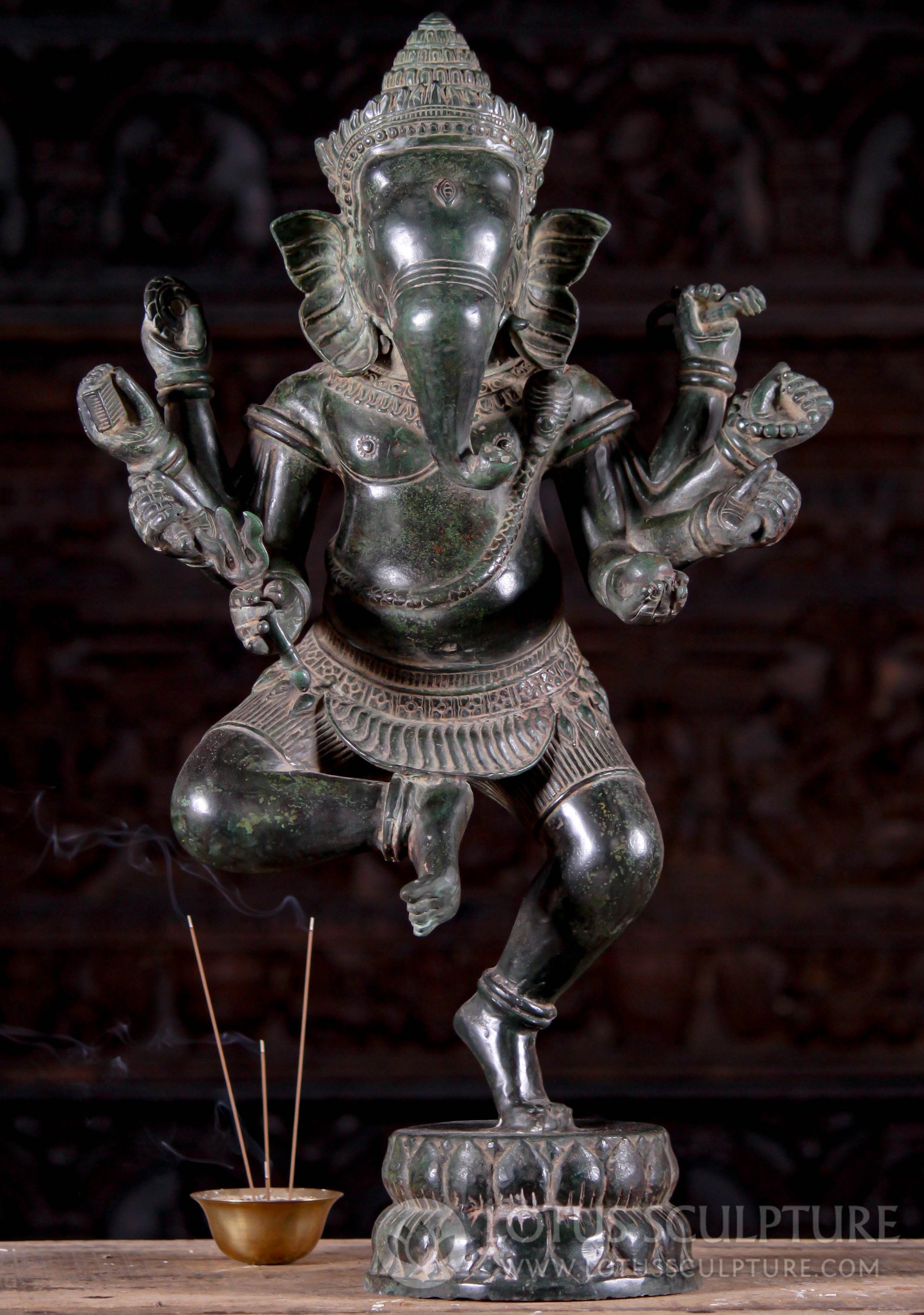 Dancing Ganesh Cambodian Bronze Statue with Antique Green Patina 24"