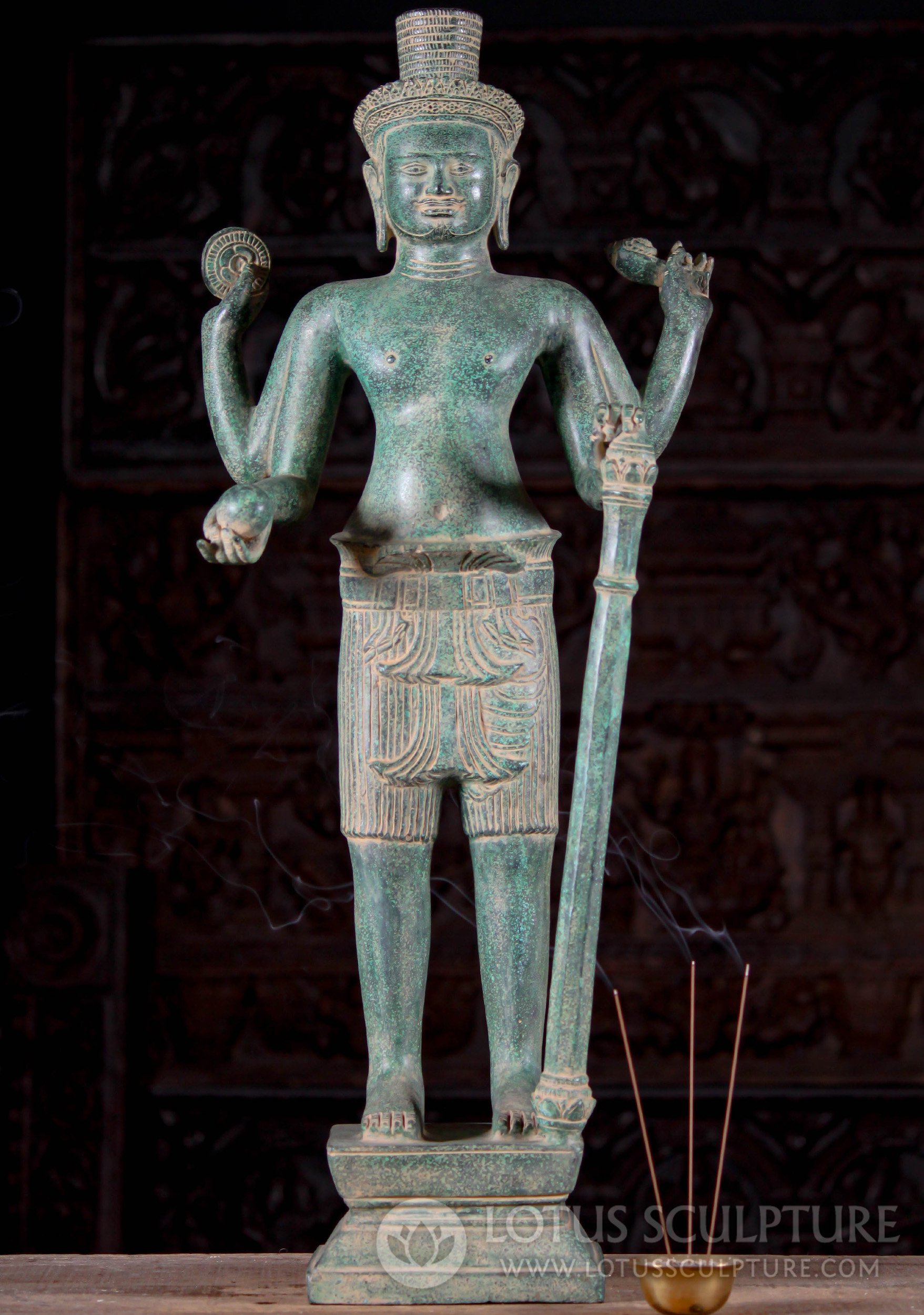 Large Cambodian Bronze Standing Vishnu the Preserver Statue Antique Green 33"