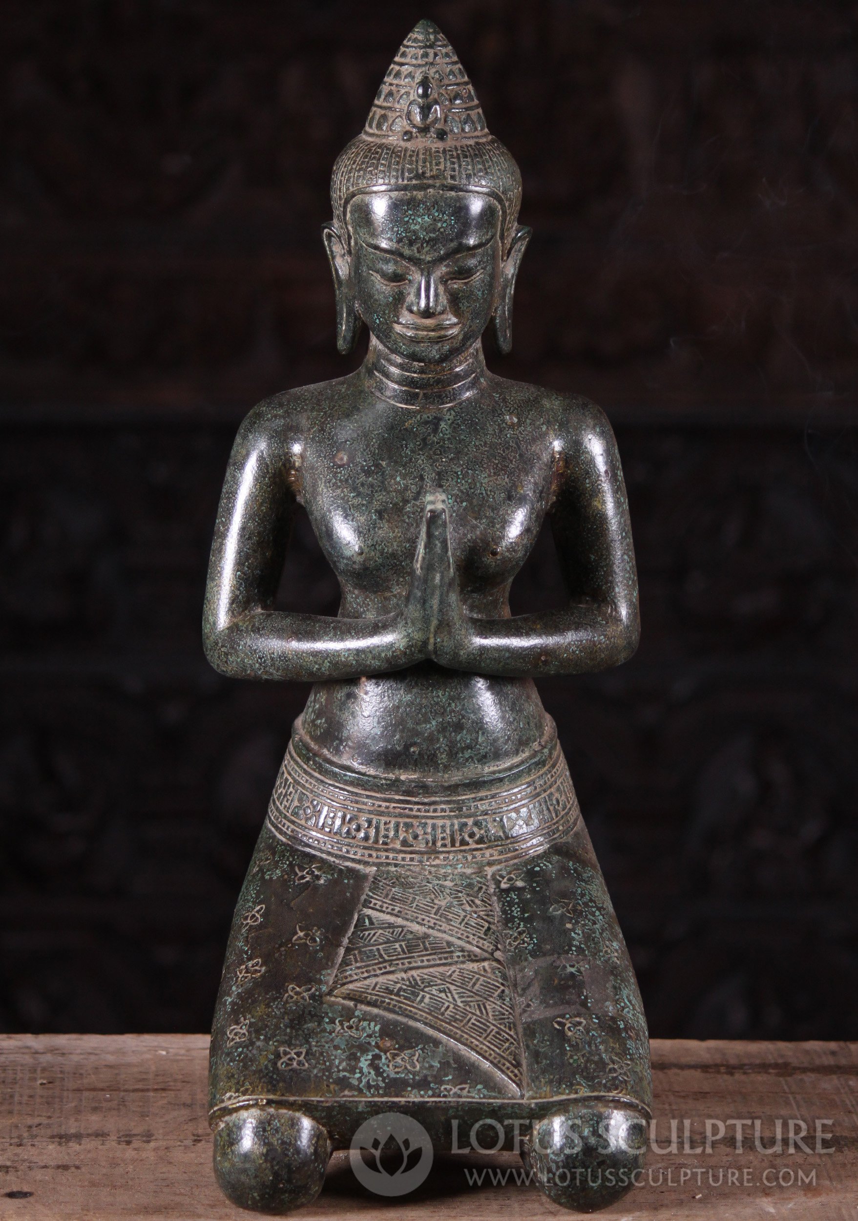 Cambodian Style Bronze Queen Indra in Anjali Mudra with Amitabha Buddha Statue 22"