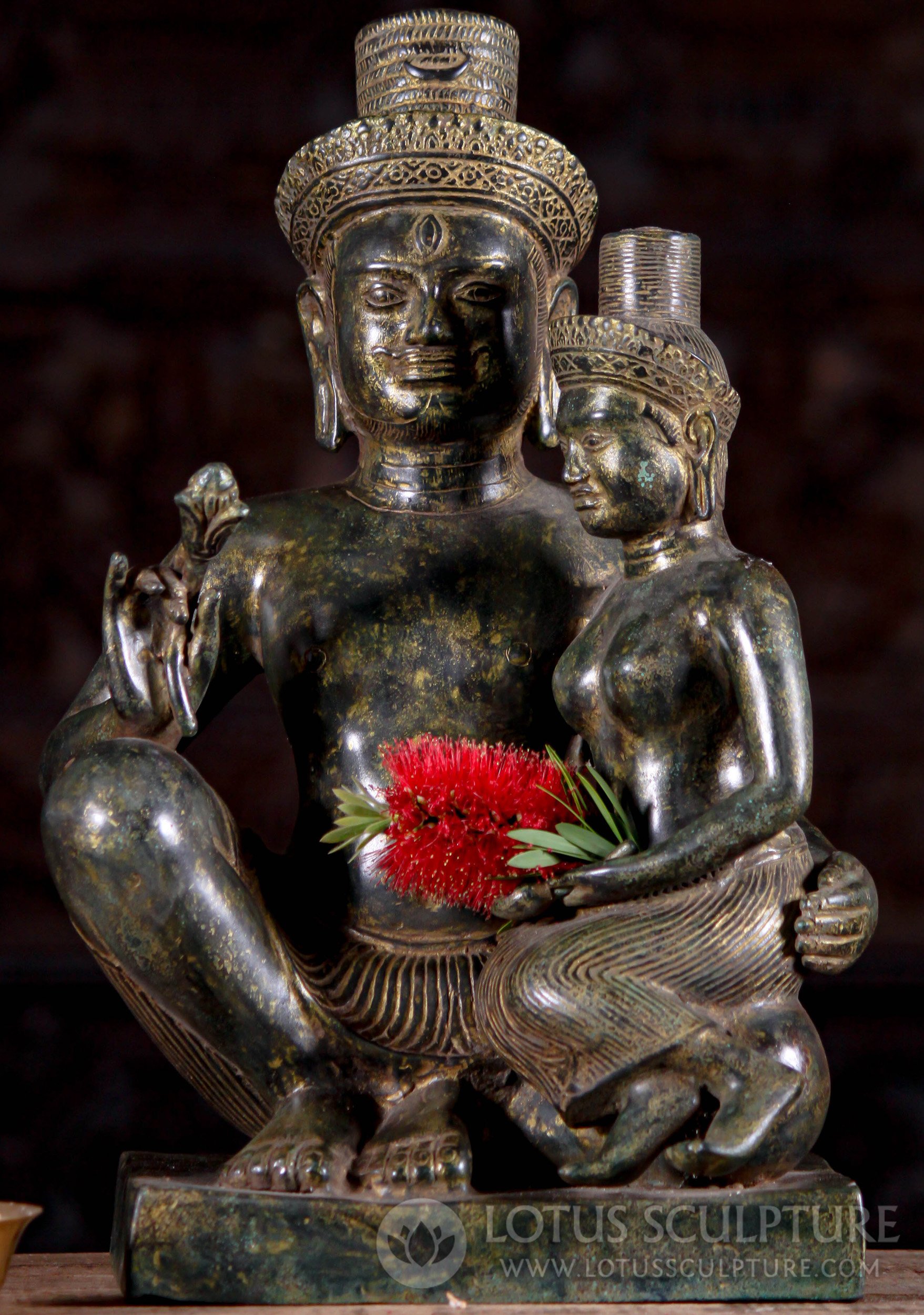 Lord Shiva Holding Wife Parvati Cambodian Style Bronze Sculpture 16.5"