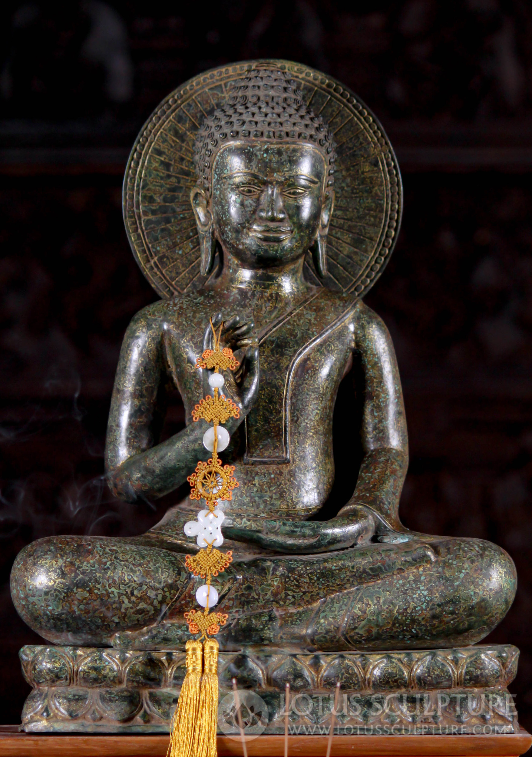 Cambodian Bronze Seated Teaching Buddha Statue with Large Chakra Halo 18"