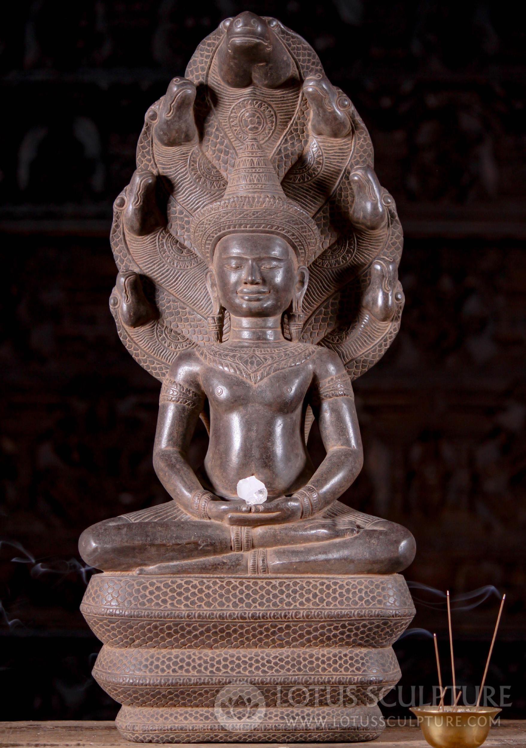 Cambodian Stone Buddha Meditating Under Seven Headed Serpent, Muchalina 25"