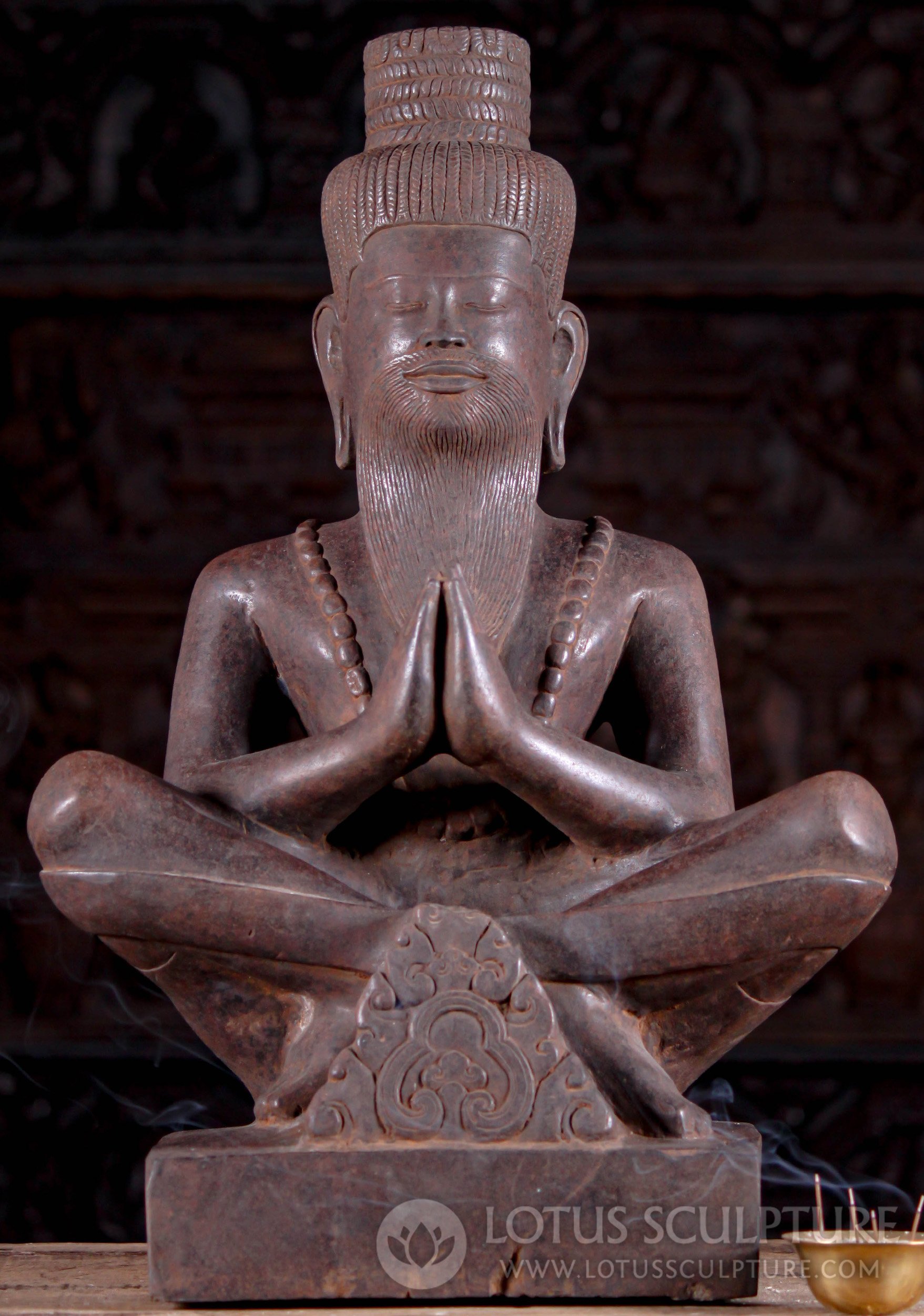 Rishi Meditating Priest Sculpture in Namaste Mudra Wearing Mala Necklace 23"