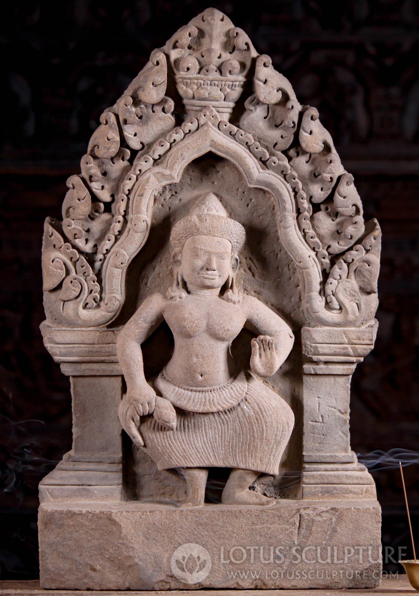 Cambodian Stone Dancing Lakshmi Sculpture with Large Arch and Lotus 26"