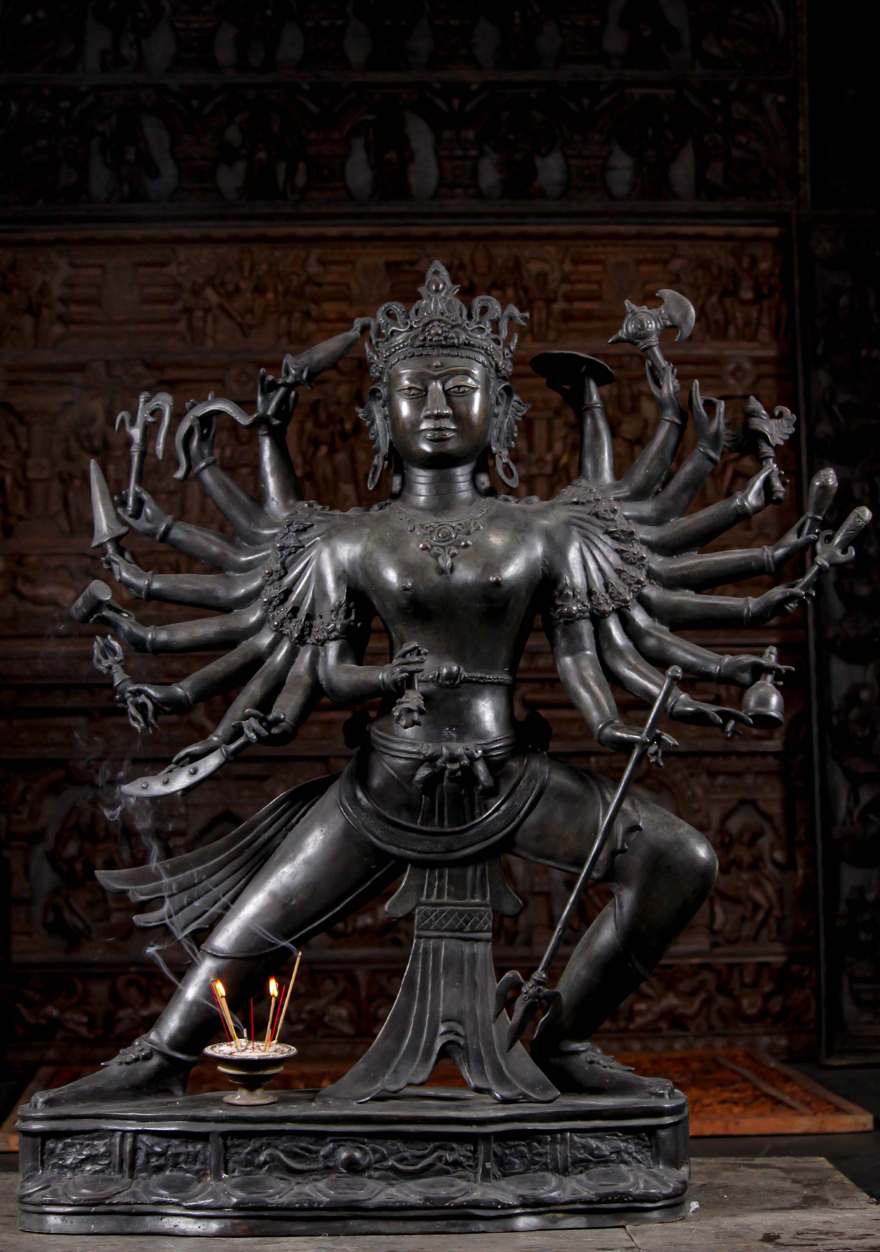 Brass Dancing Shiva Sculpture with 18 Arms Holding a Variety of Weapons 45"