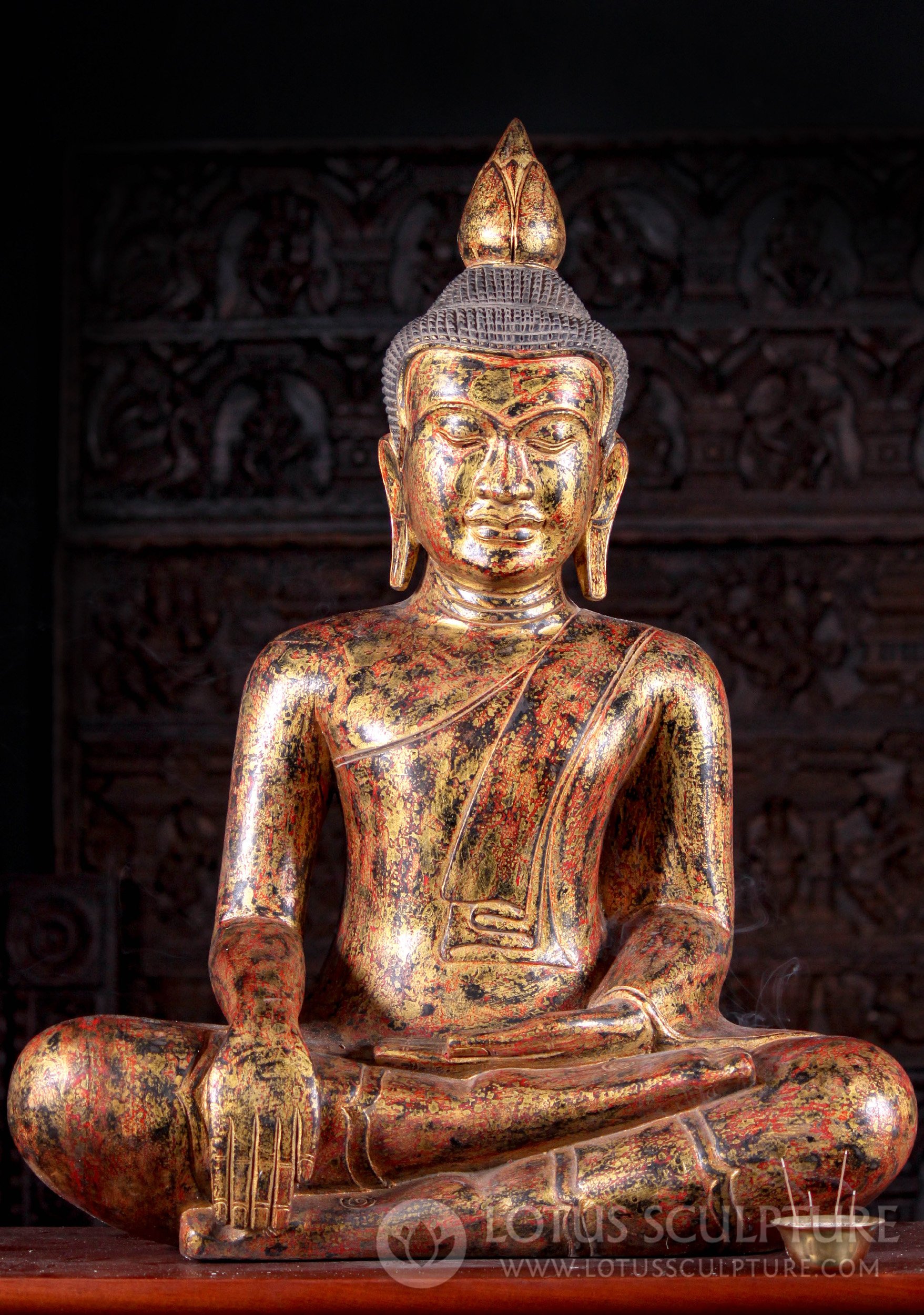 Hand-Carved Reclaimed Teak Wood Earth Touching Buddha Statue from Cambodia 31"