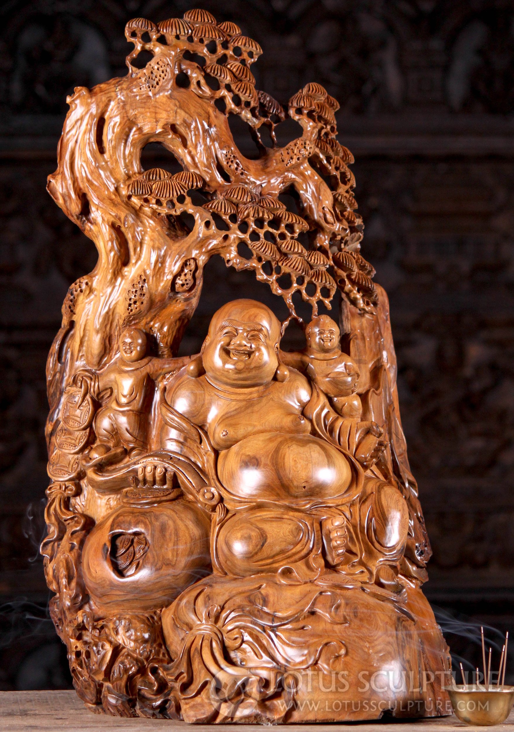 Wood Happy Buddha of Wealth Under Canopy Children Hand Carved in Vietnam 27"