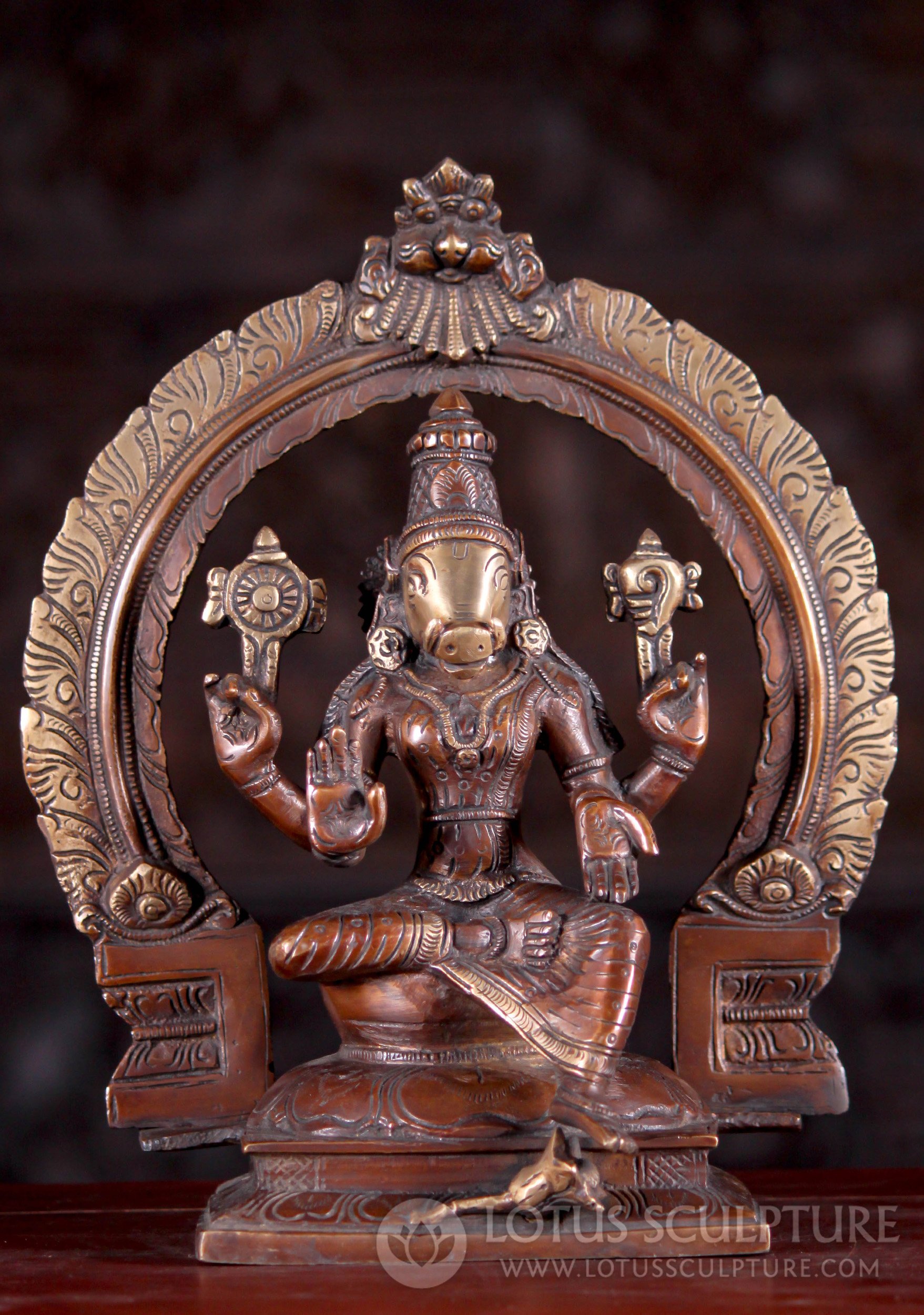 Brass Varahi Divine Protector Seated on Lotus Base with Mahakala Arch Statue 11.5"