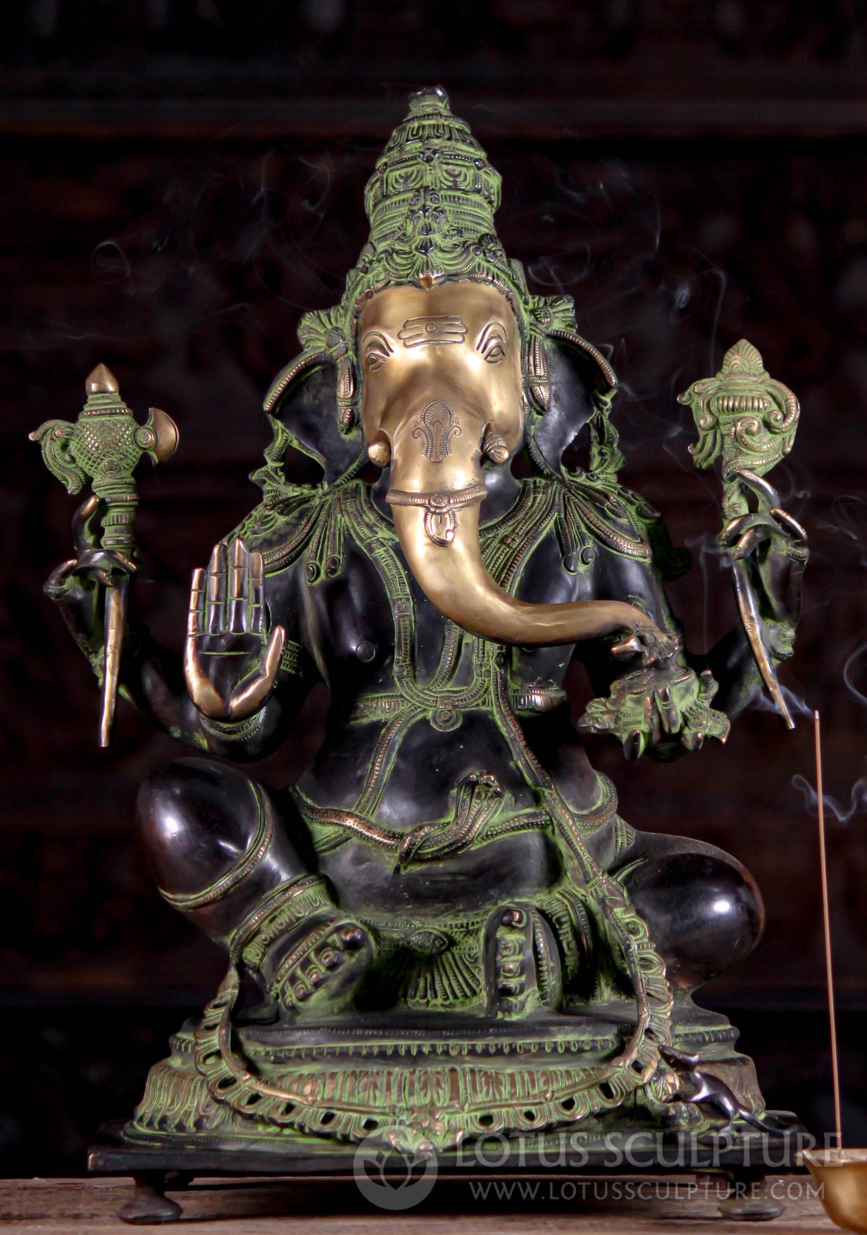 Brass Ganesha Statue with Mooshika, Dark Patina and Green Accents 20"